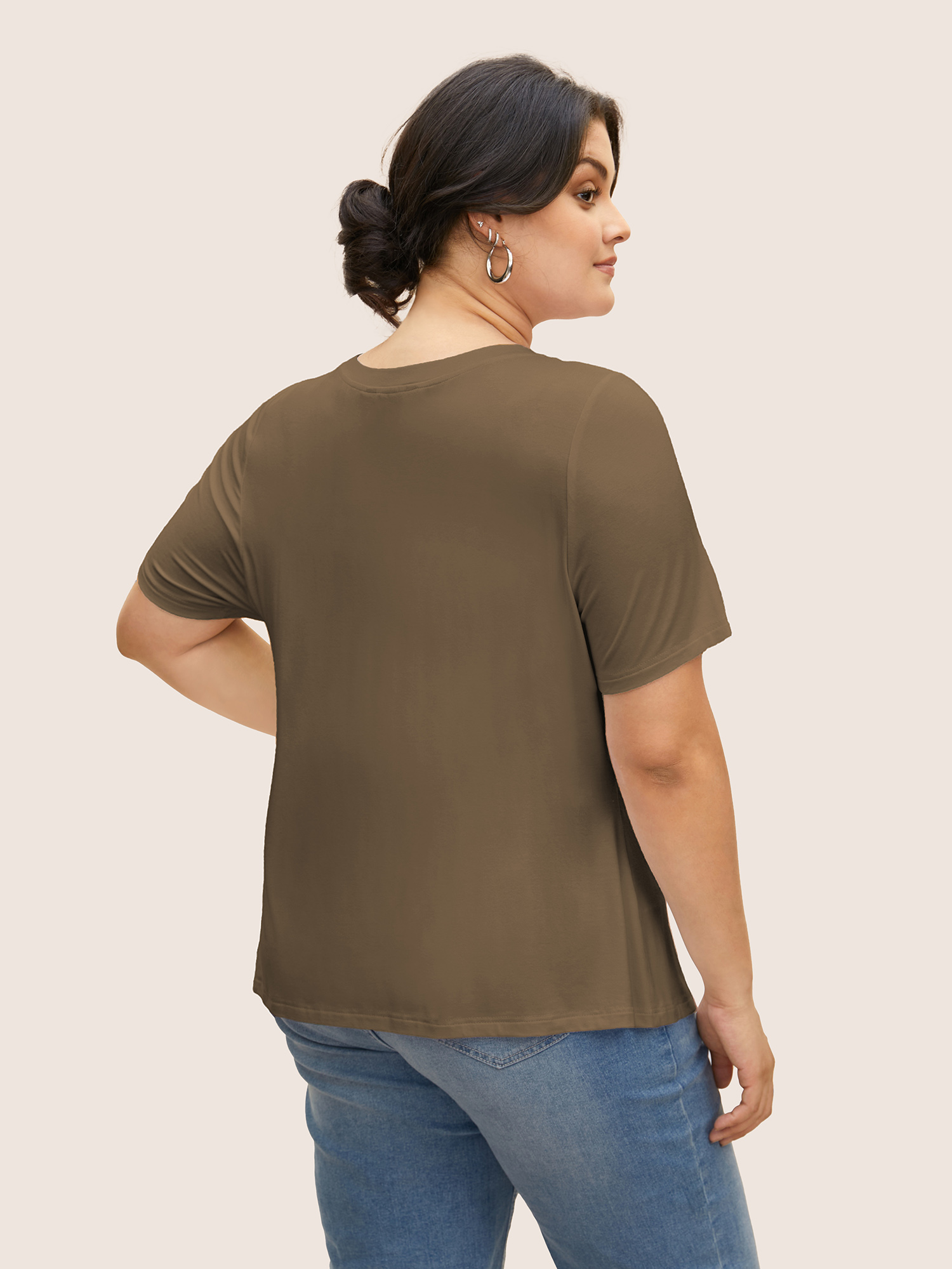 

Plus Size Supersoft Essentials Solid Basic Knit T-shirt Tan Women Basics Non Round Neck Bodycon Everyday T-shirts BloomChic