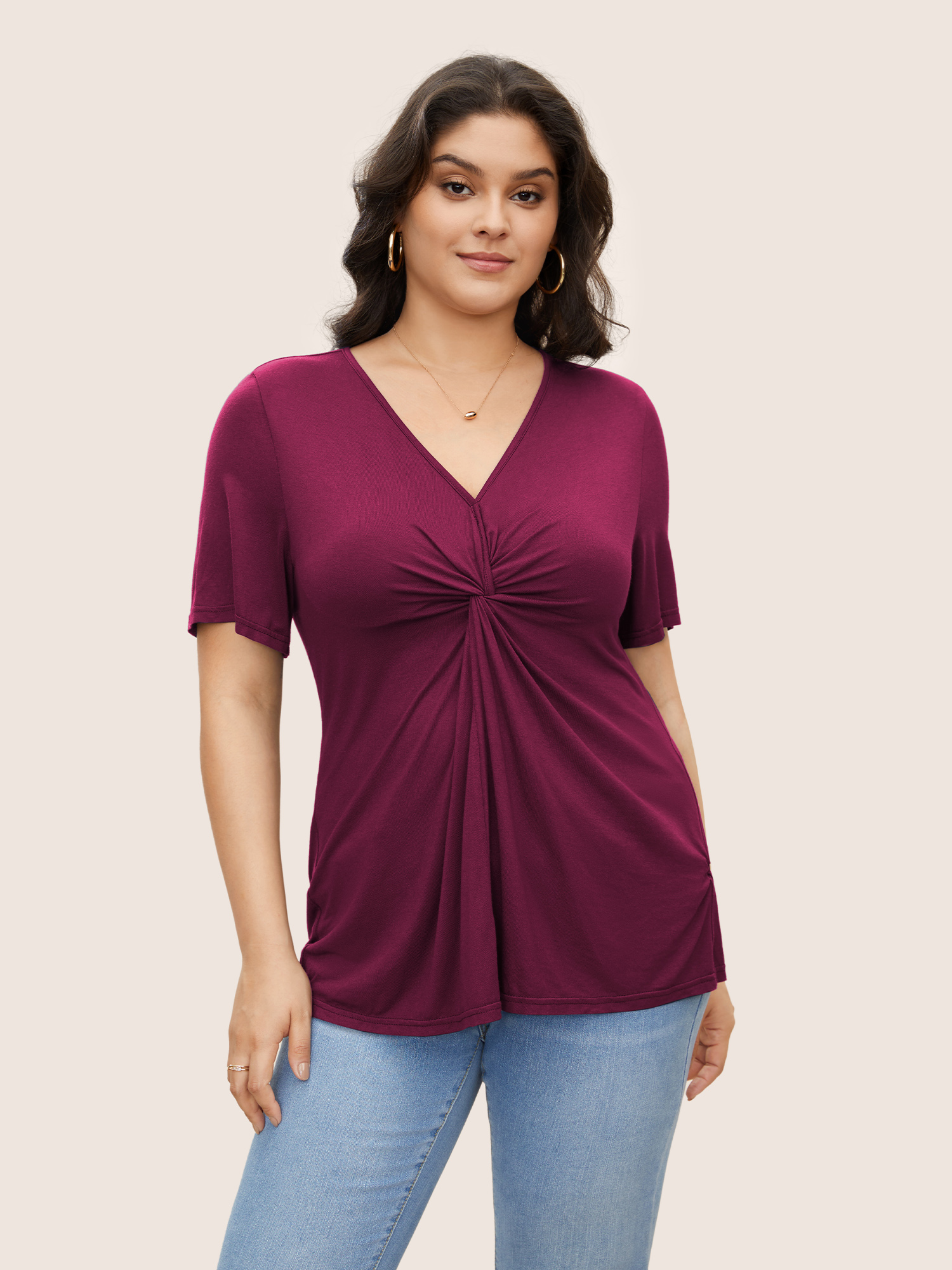 

Plus Size Plain V Neck Twist Front T-shirt RedViolet Women Elegant Plain V-neck Everyday T-shirts BloomChic