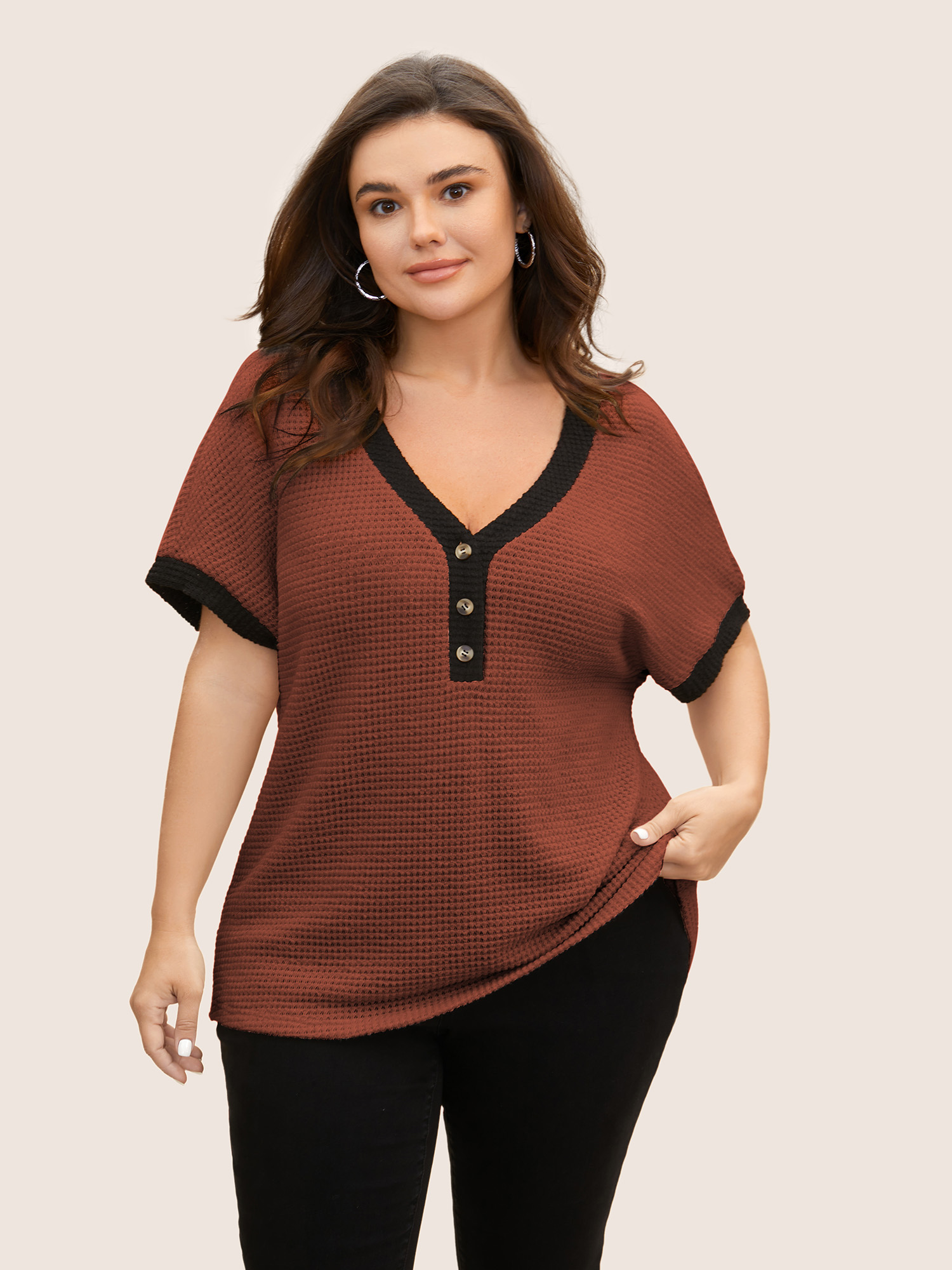 

Plus Size V Neck Contrast Button Detail Knit T-shirt Rust Women Casual Texture V-neck Everyday T-shirts BloomChic