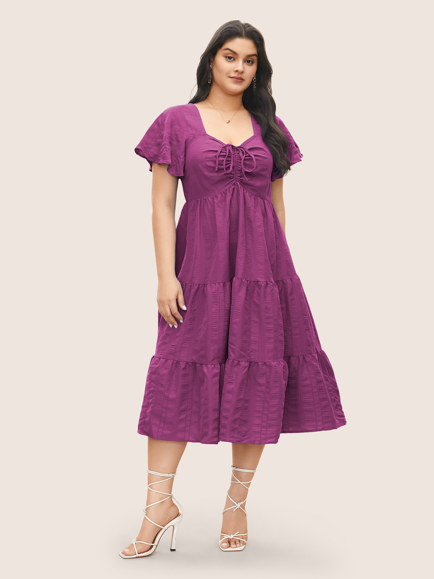 

Plus Size Plain Ruched Drawstring Pocket Ruffle Tiered Dress RedViolet Women Elegant Non V-neck Short sleeve Curvy Midi Dress BloomChic