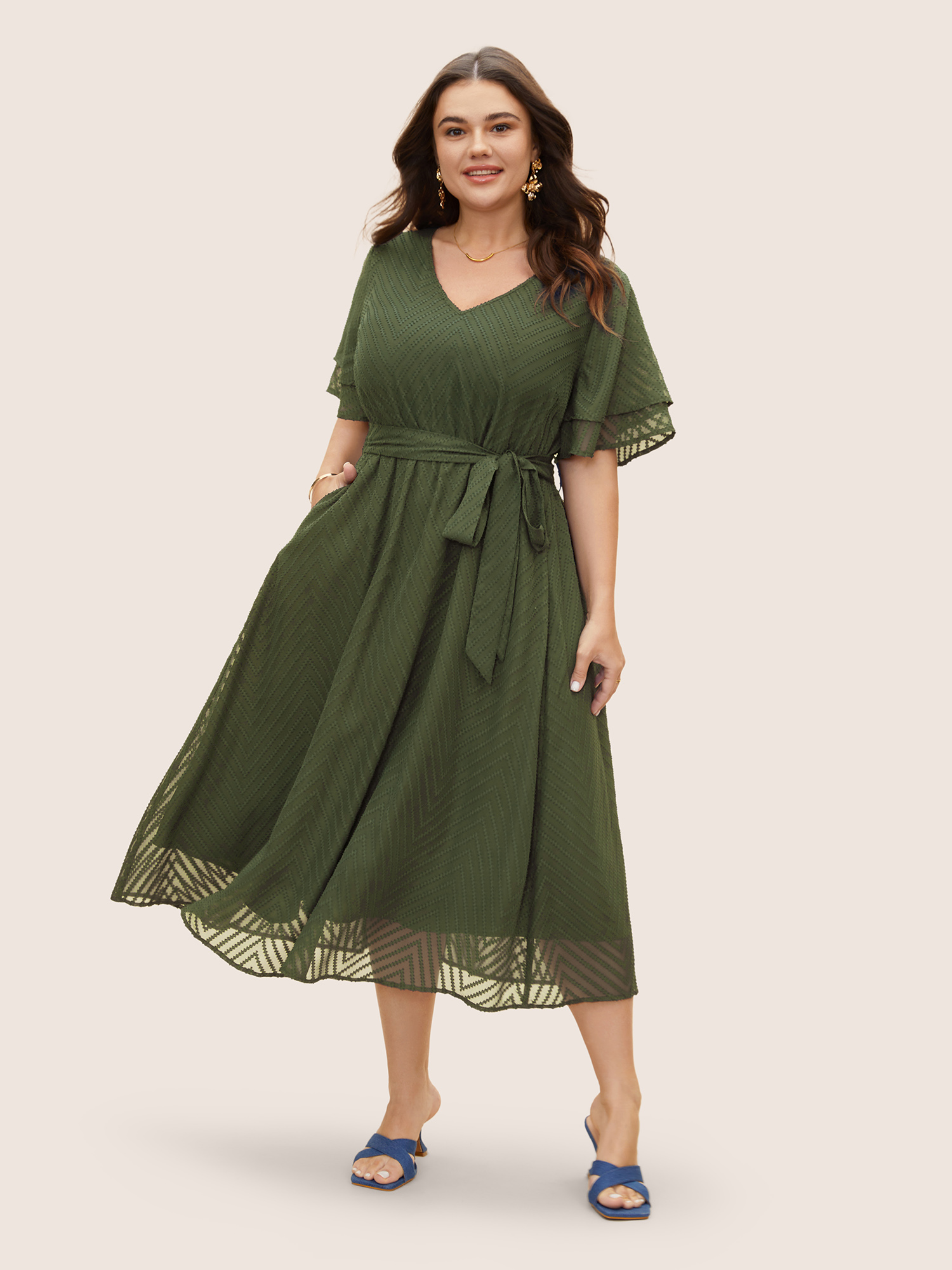 

Plus Size Texture Tiered Ruffle Sleeve See Through Dress ArmyGreen Women Elegant Texture V-neck Half Sleeve Curvy BloomChic