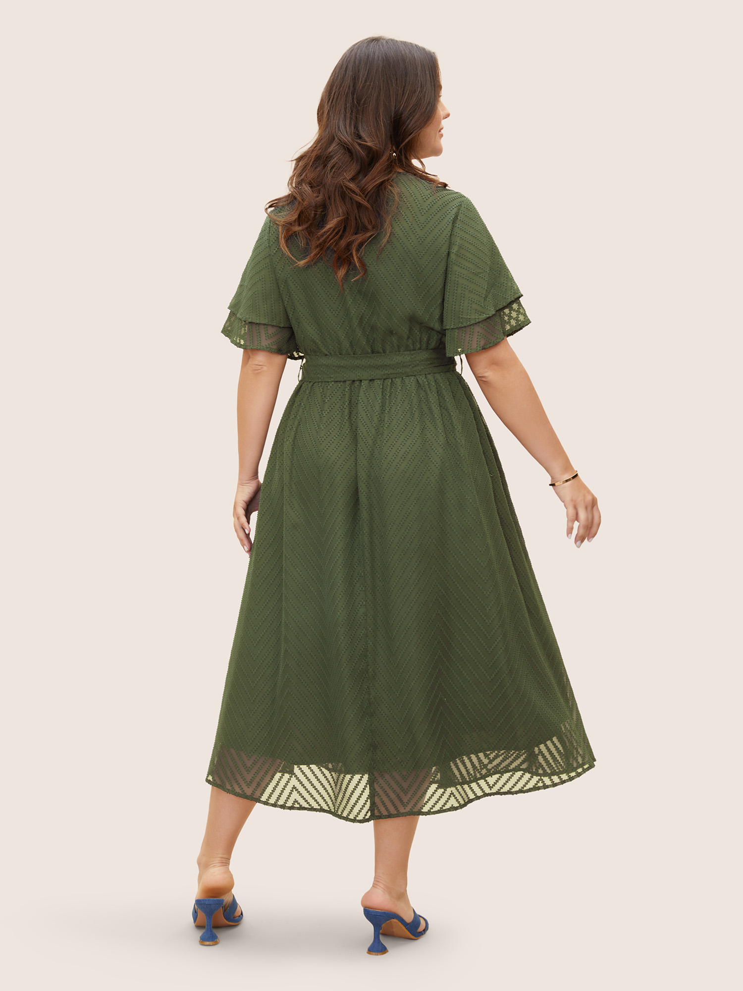 

Plus Size Texture Tiered Ruffle Sleeve See Through Dress ArmyGreen Women Elegant Texture V-neck Half Sleeve Curvy BloomChic