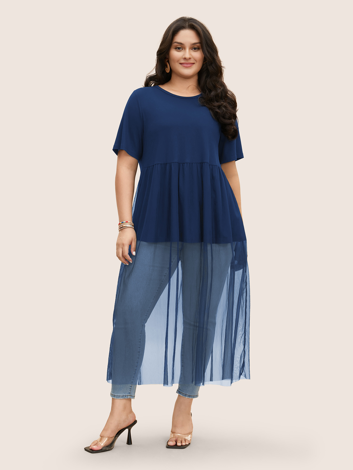 

Plus Size Round Neck Mesh Patchwork Medium Stretch T-shirt Indigo Round Neck Short sleeve Resort Jersey Tops