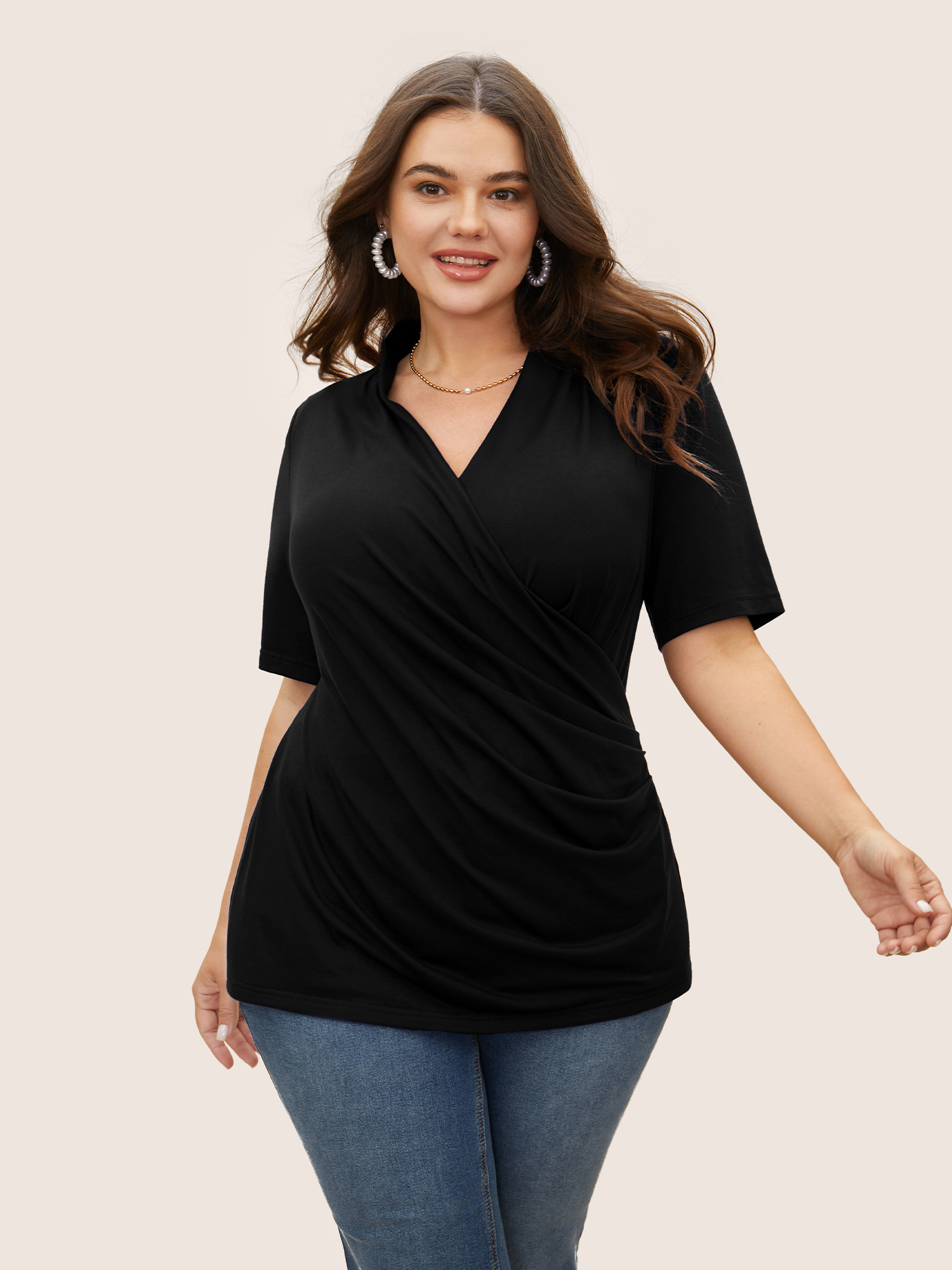 

Plus Size Solid Overlap Collar Gathered Knit T-shirt Black Women Elegant Overlapping Overlap Collar Bodycon Everyday T-shirts BloomChic
