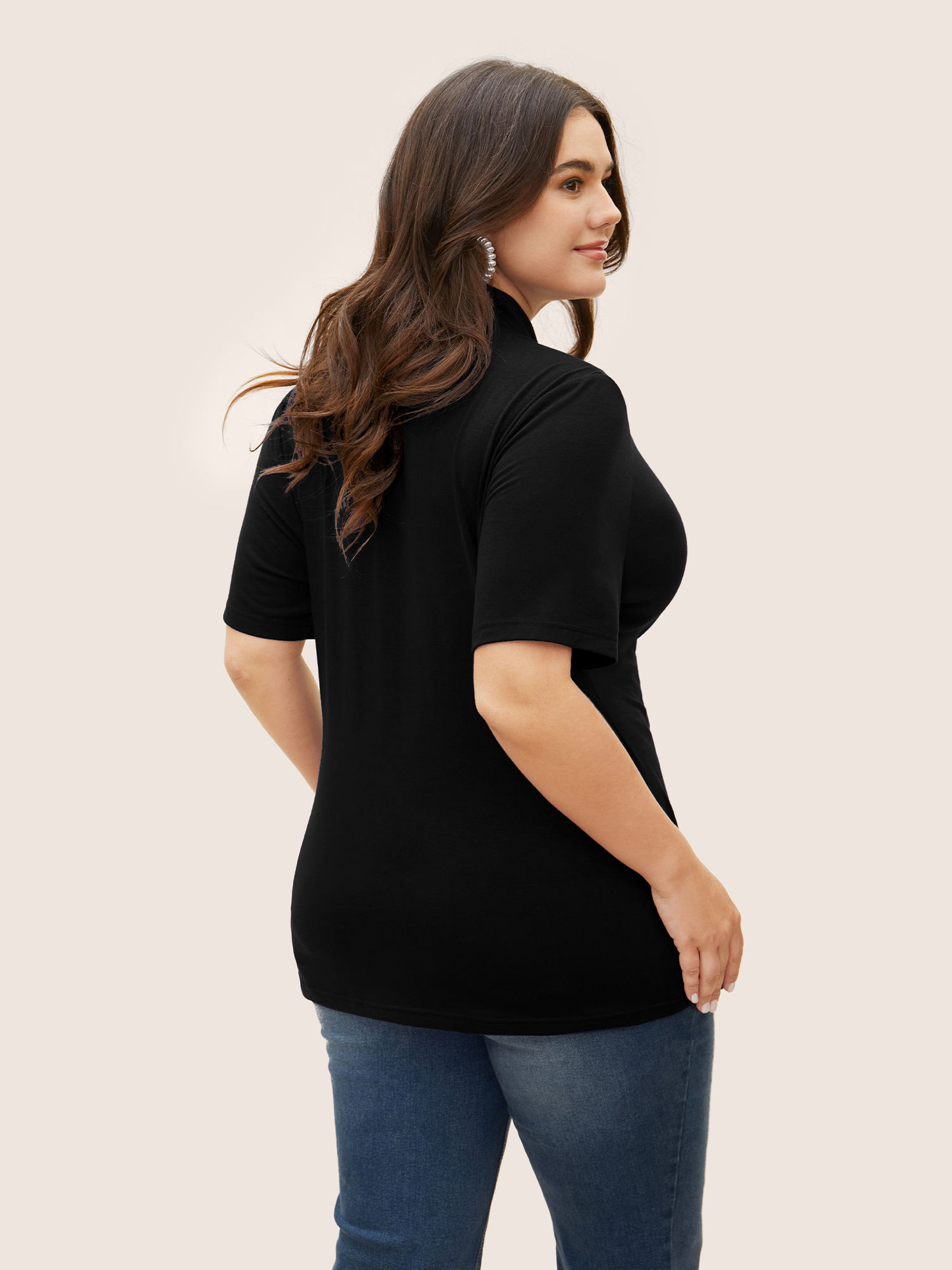 

Plus Size Solid Overlap Collar Gathered Knit T-shirt Black Overlap Collar Short sleeve Elegant Jersey Tops