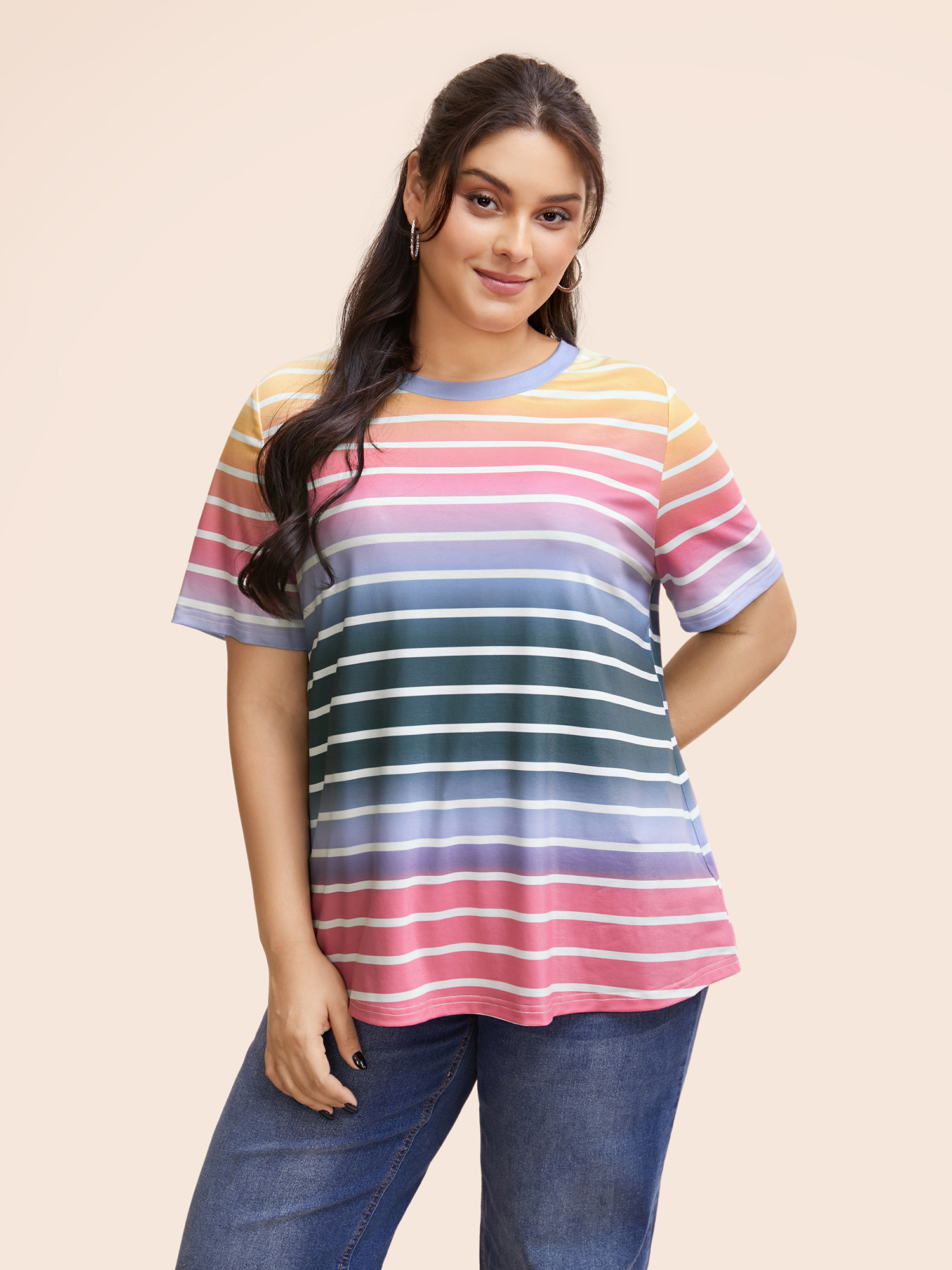 

Plus Size Round Neck Contrast Striped T-shirt Multicolor Women Casual Contrast Round Neck Everyday T-shirts BloomChic