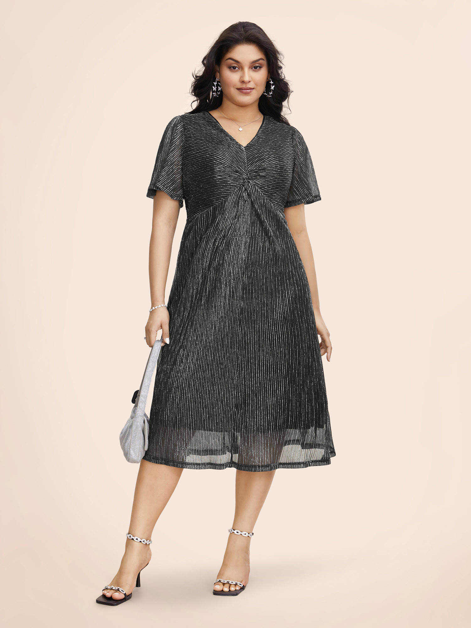 

Plus Size Texture Twist Front See Through Dress Black Women Cocktail Twist V-neck Short sleeve Curvy BloomChic