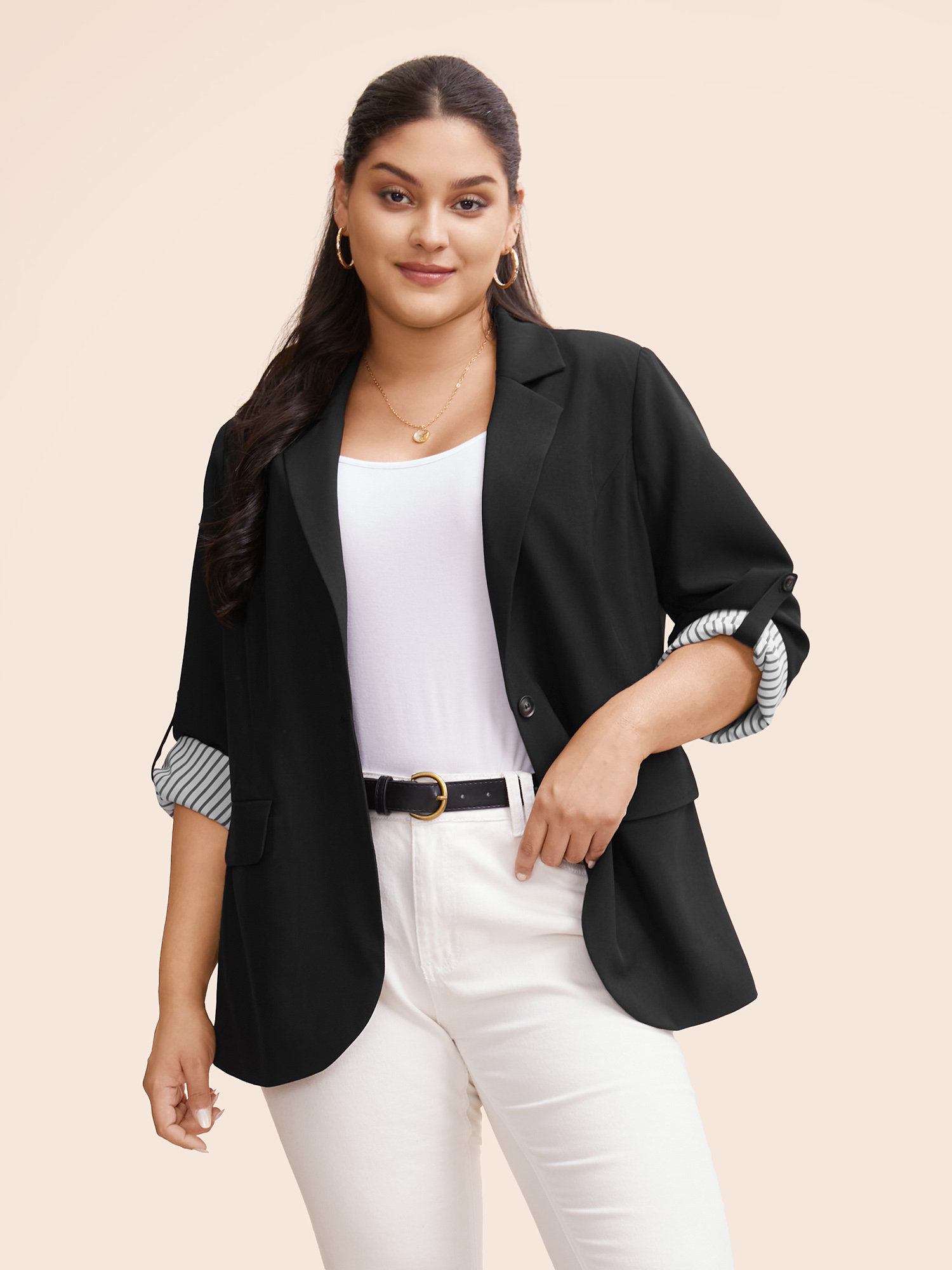 

Plus Size Suit Collar Striped Patchwork Tab Sleeve Blazer Black Women Everyday Contrast Button cuff sleeve Extra Long Sleeve Suit Collar  Open pocket with flap Casual Blazers BloomChic