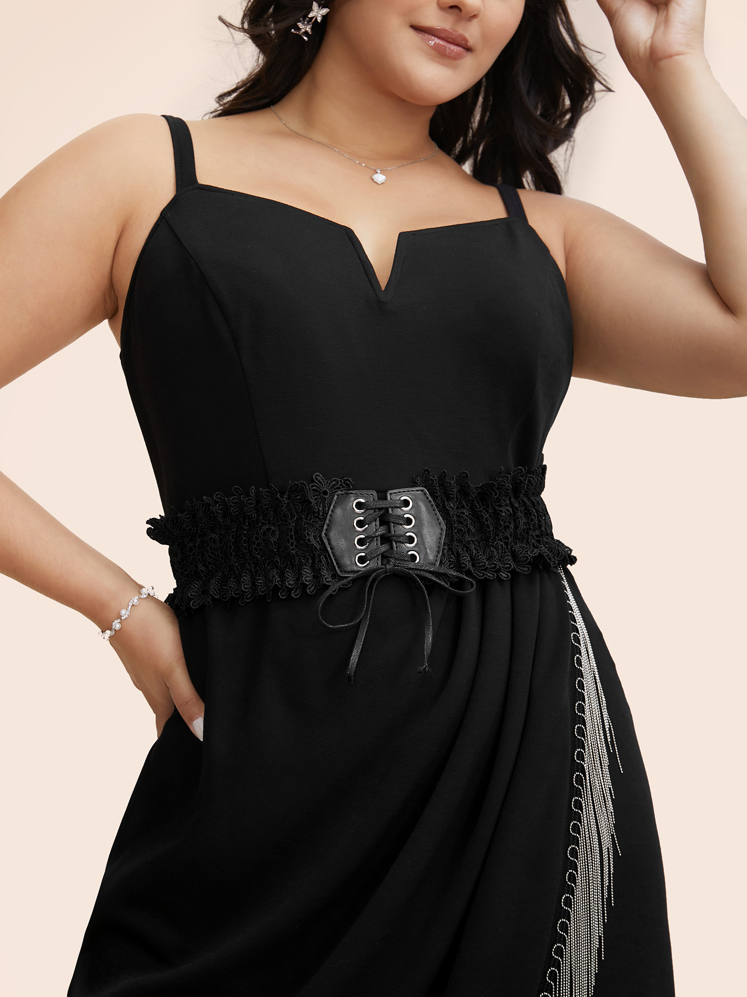 

Plus Size Notched Collar Tassel Trim Cami Dress Black Women Cocktail Tassels Notched collar Sleeveless Curvy BloomChic