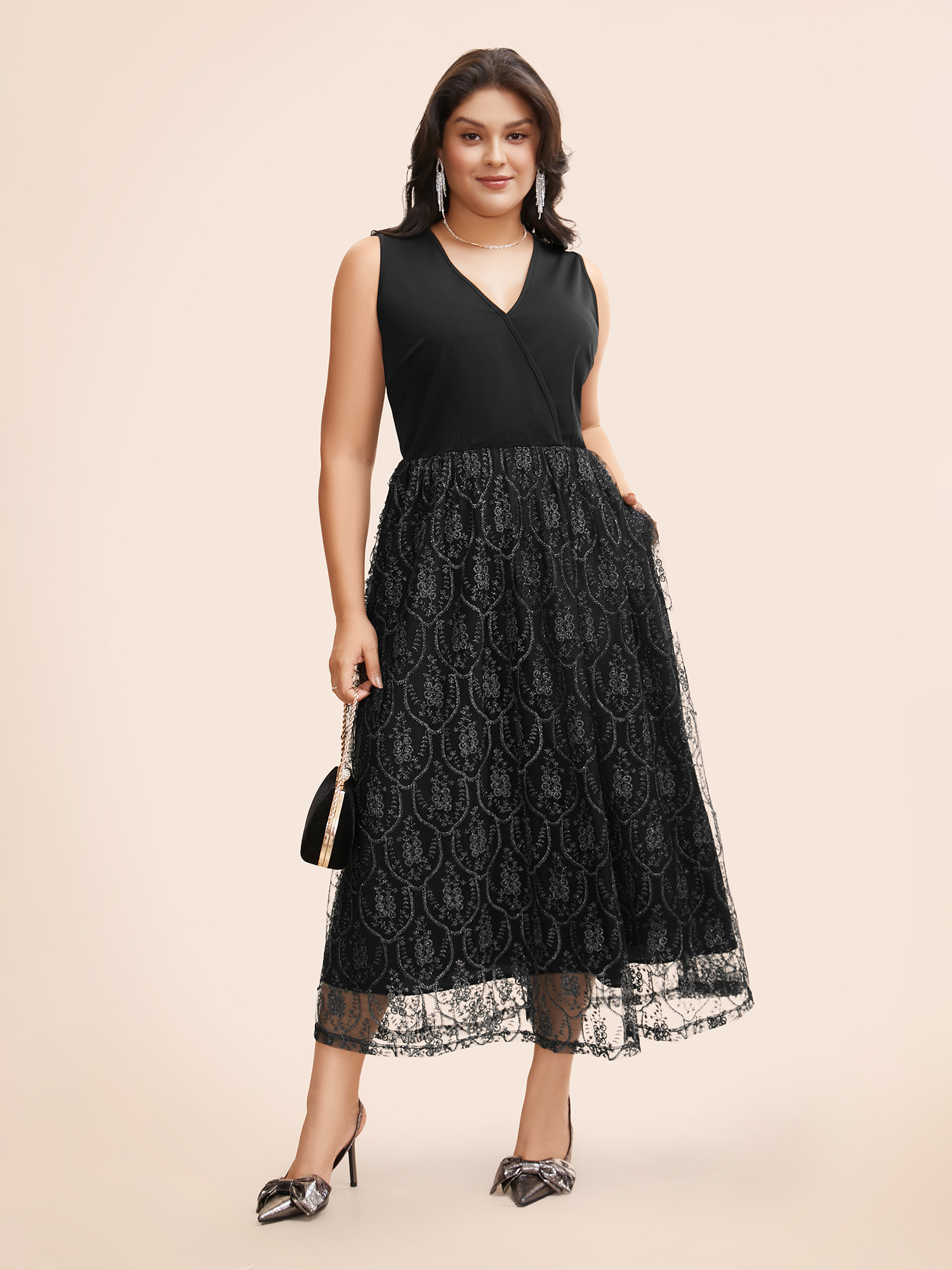 

Plus Size Embroidered Mesh Patchwork Sleeveless Dress Black Women Formal Texture Overlap Collar Sleeveless Curvy BloomChic