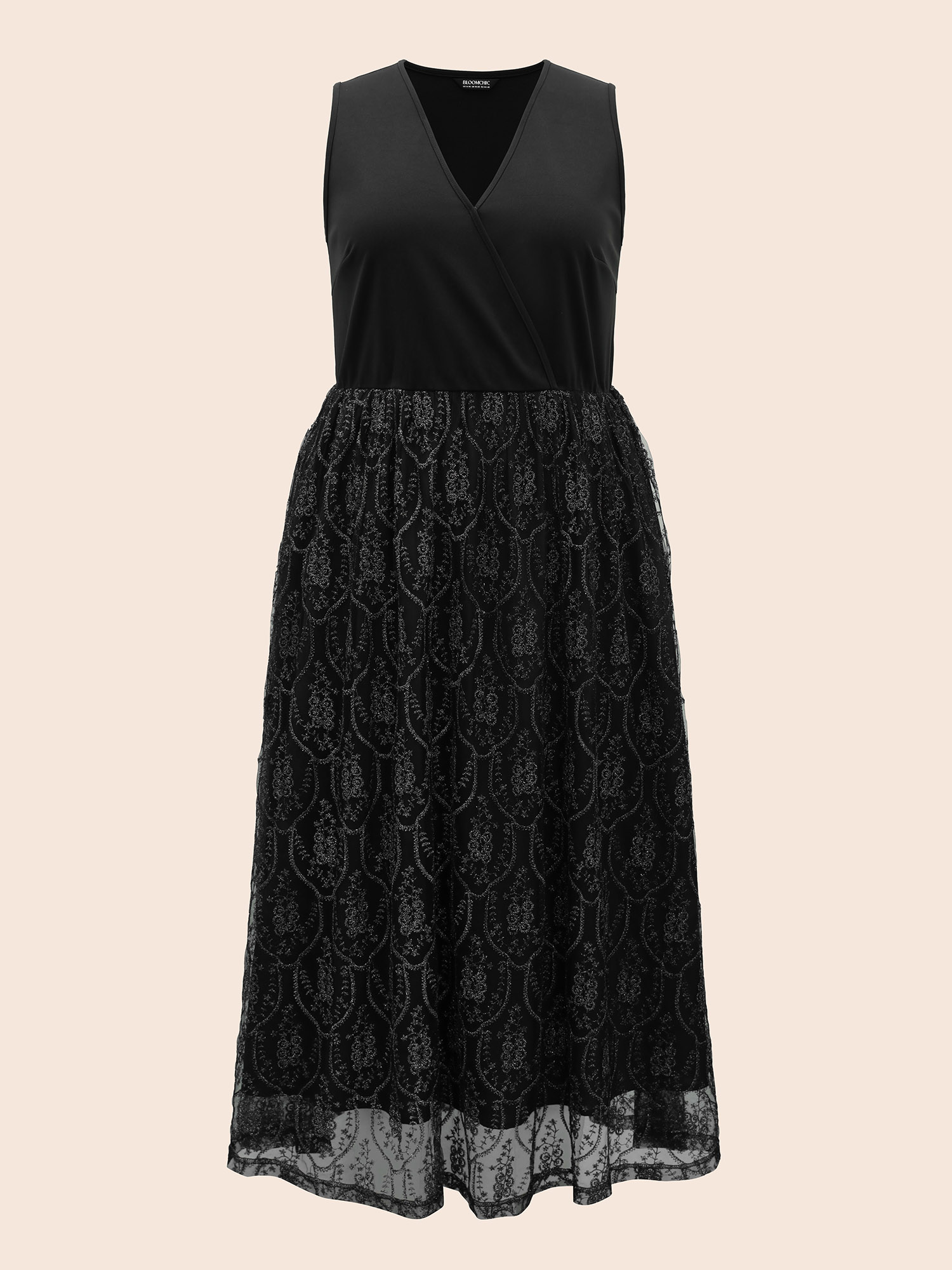 Plus Size Embroidered Mesh Patchwork Sleeveless Dress Black Women Formal Texture Overlap Collar Sleeveless Curvy BloomChic 26/4X 
