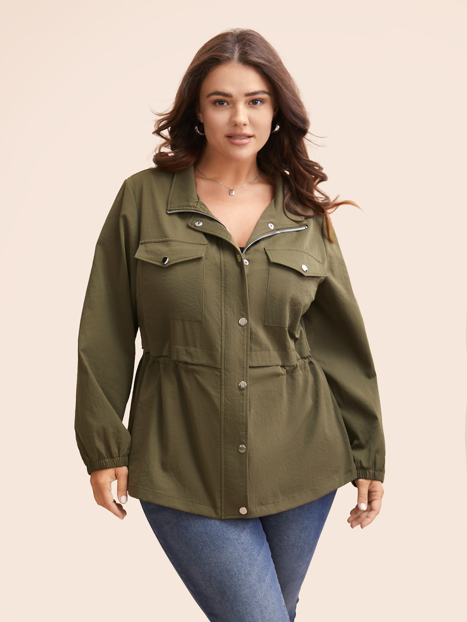

Plus Size Solid Patch Pocket Drawstring Jacket Women ArmyGreen Drawstring Patch pocket Everyday Jackets BloomChic