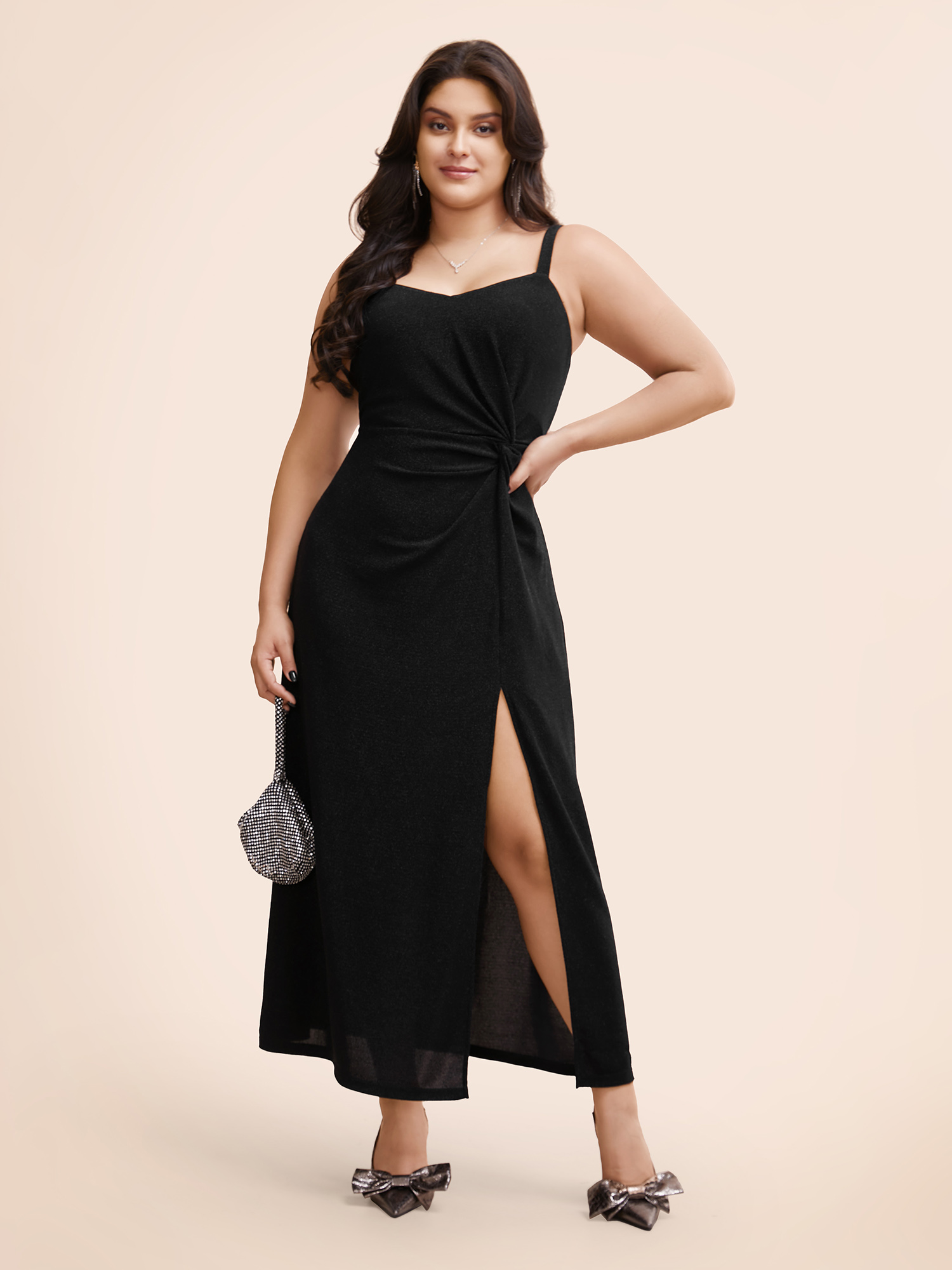 

Plus Size Twist Front Split Hem Cami Dress Black Women Cocktail Twist Heart neckline Sleeveless Curvy BloomChic