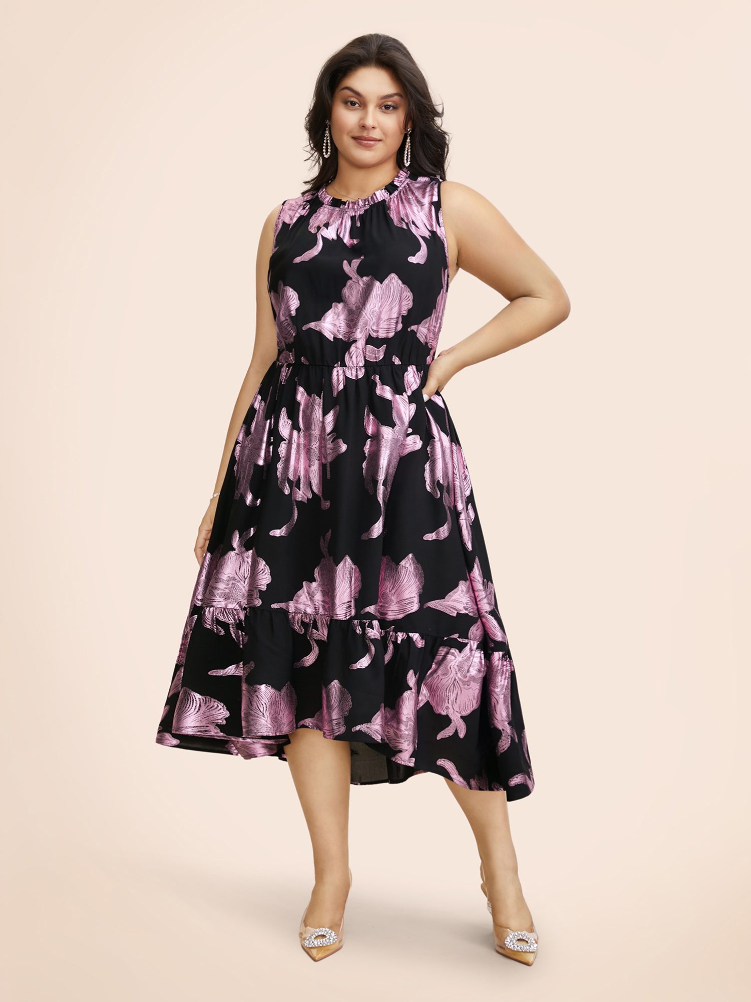 

Plus Size Glitter Floral Mock Neck Midi Dress DustyPink Women Formal Frill Trim Mock Neck Sleeveless Curvy BloomChic