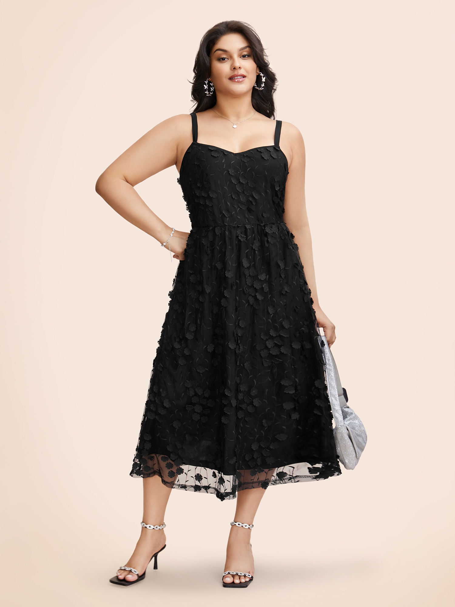 

Plus Size Texture Floral See Through Cami Dress Black Women Formal Texture Heart neckline Sleeveless Curvy BloomChic