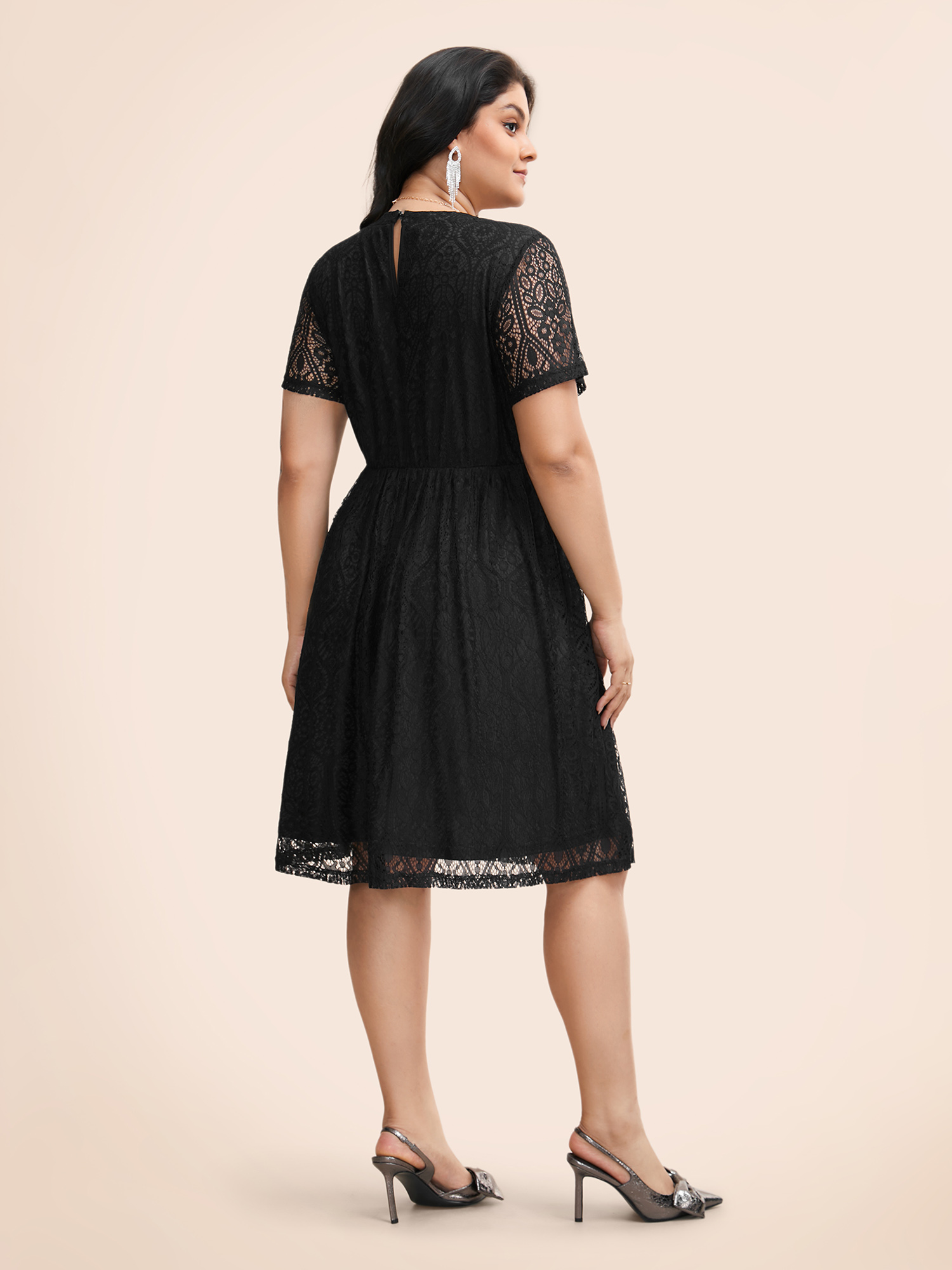 

Plus Size Round Neck Lace Patchwork Mesh Dress Black Women Formal Woven ribbon&lace trim Round Neck Short sleeve Curvy BloomChic