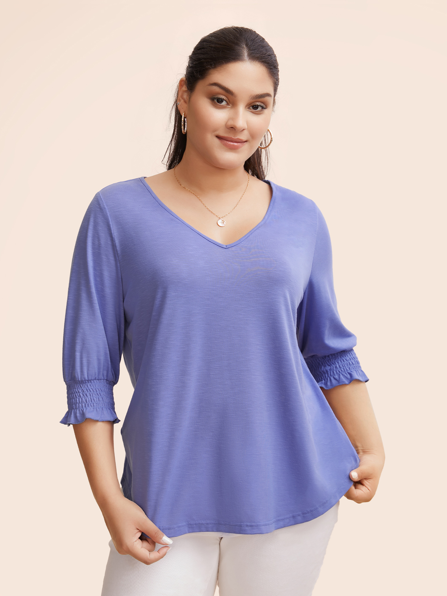 

Plus Size Solid V Neck Shirred Lantern Sleeve T-shirt BlueViolet Women Casual Shirred V-neck Everyday T-shirts BloomChic