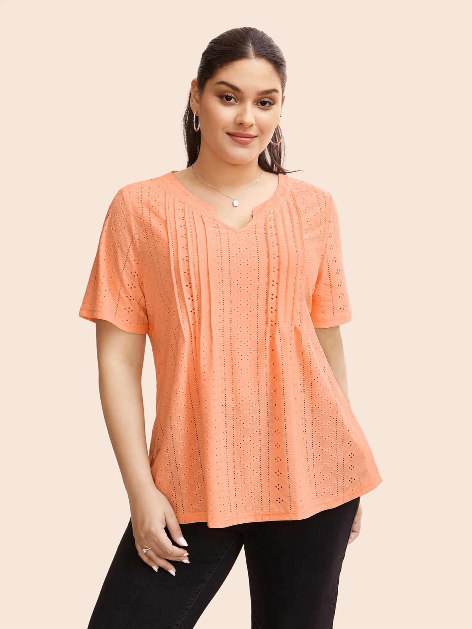 

Plus Size Notched Broderie Anglaise Pleated T-shirt Lightorange Women Casual Texture Flat collar with V-notch Everyday T-shirts BloomChic