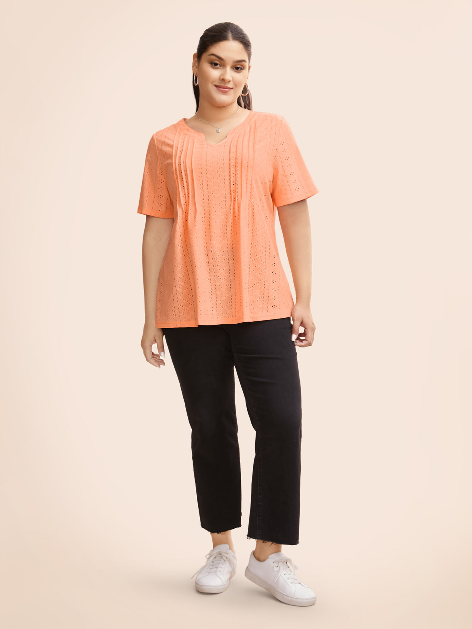 

Plus Size Notched Broderie Anglaise Pleated T-shirt Lightorange Women Casual Texture Flat collar with V-notch Everyday T-shirts BloomChic