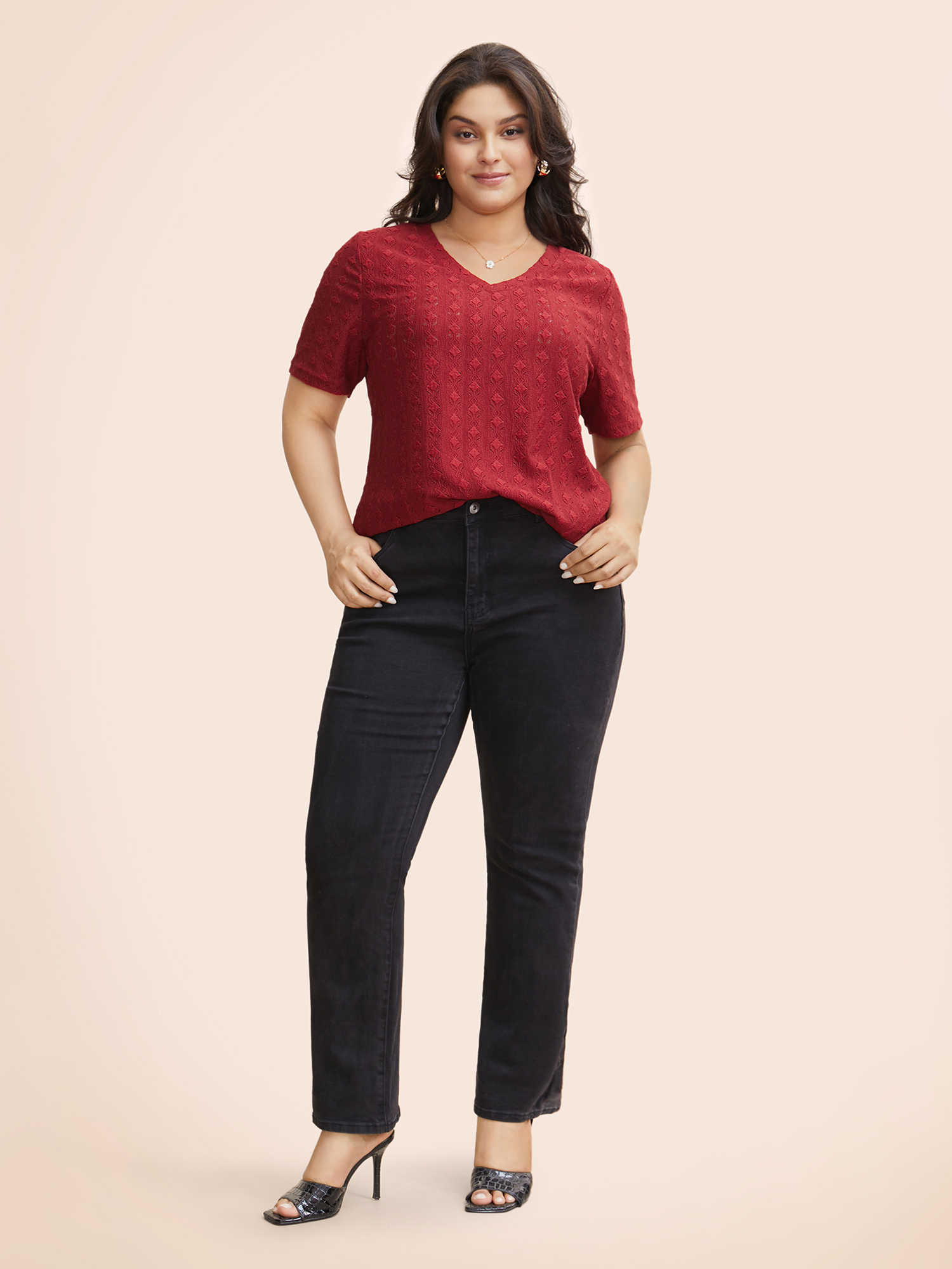 

Plus Size Solid V Neck Jacquard Knit T-shirt Denimburgundy Women Elegant Texture V-neck Everyday T-shirts BloomChic