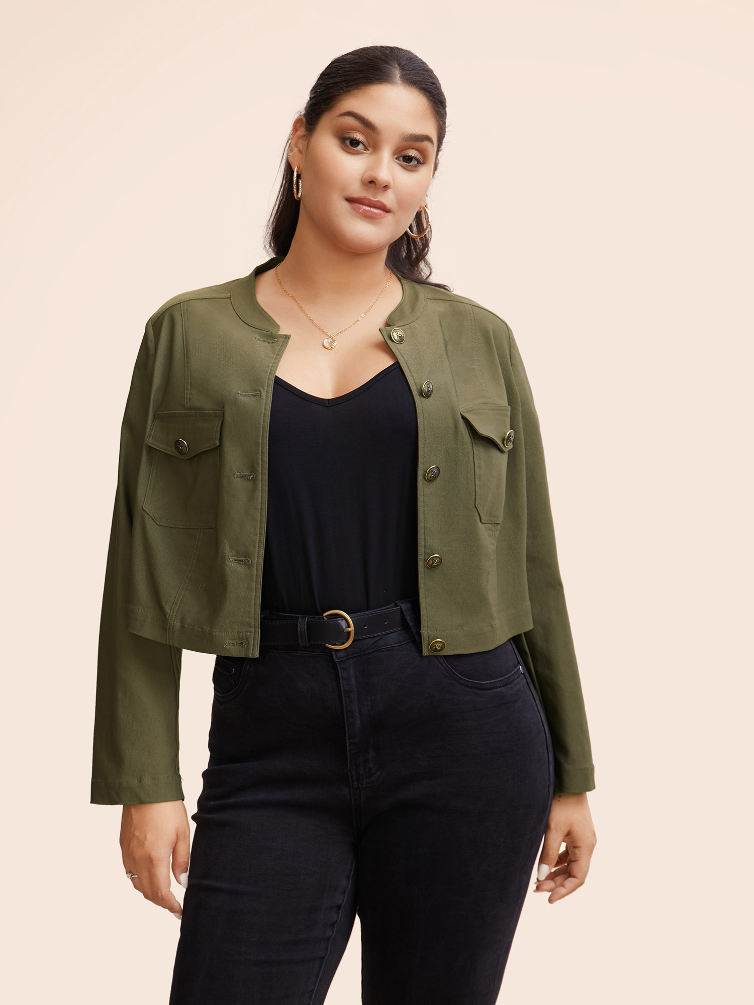 

Plus Size Solid Patch Pocket Cropped Jacket Women ArmyGreen Button Patch pocket Everyday Jackets BloomChic