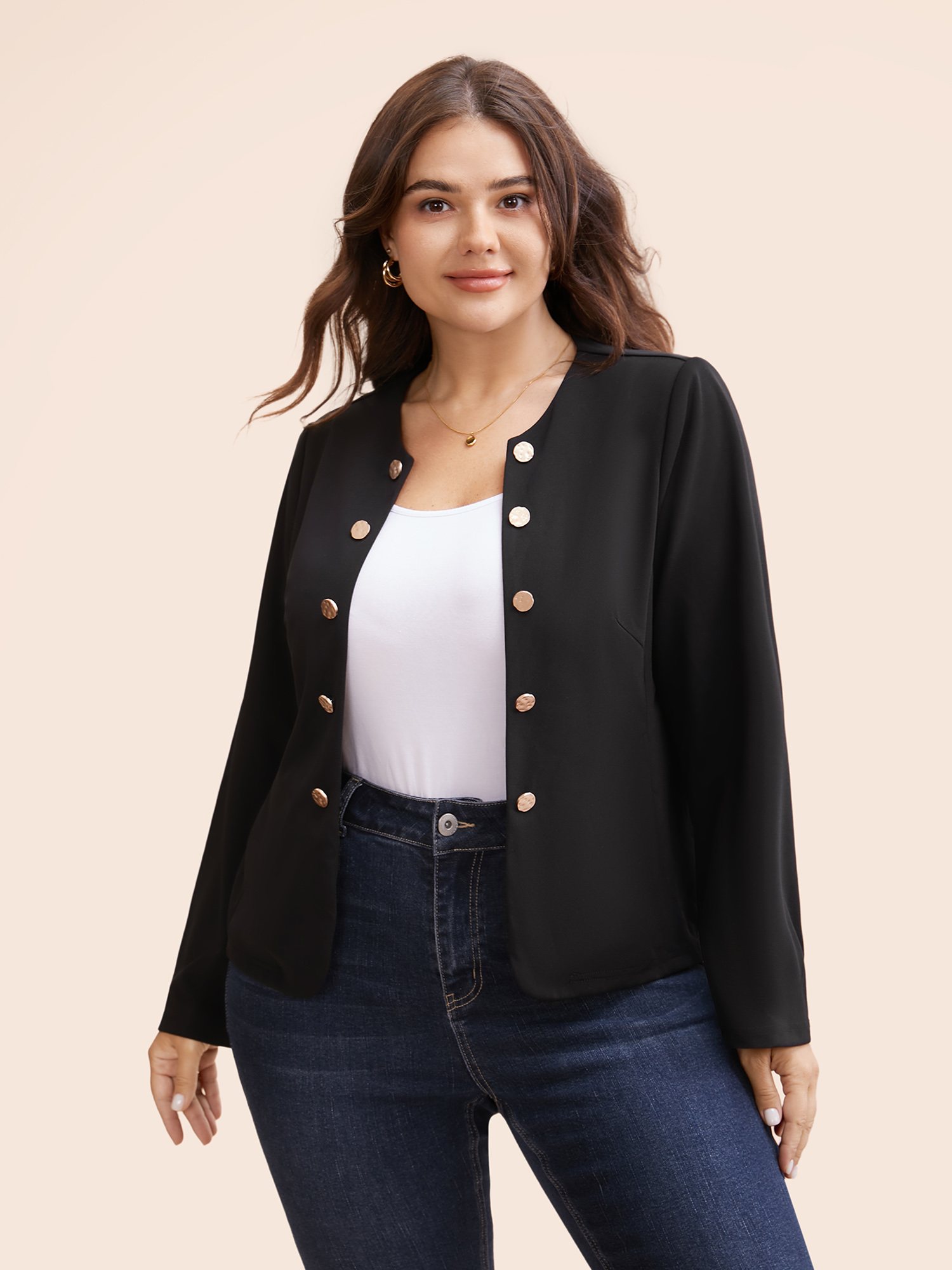 

Plus Size Button Detail Open Front Jacket Women Black Button Everyday Jackets BloomChic