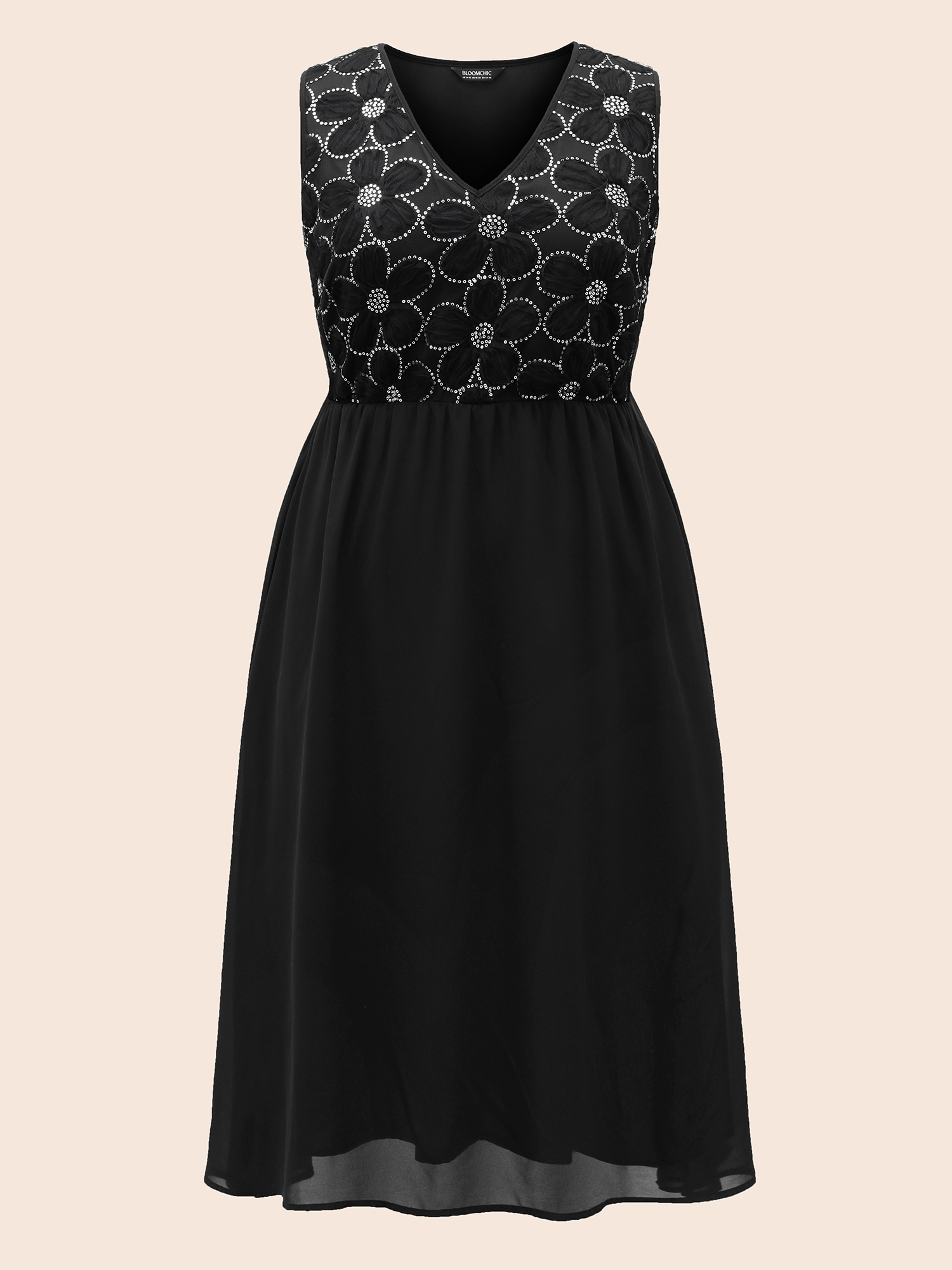 Plus Size V Neck Sequin Floral Patchwork Dress Black Women Formal Texture V-neck Sleeveless Curvy BloomChic 26/4X 