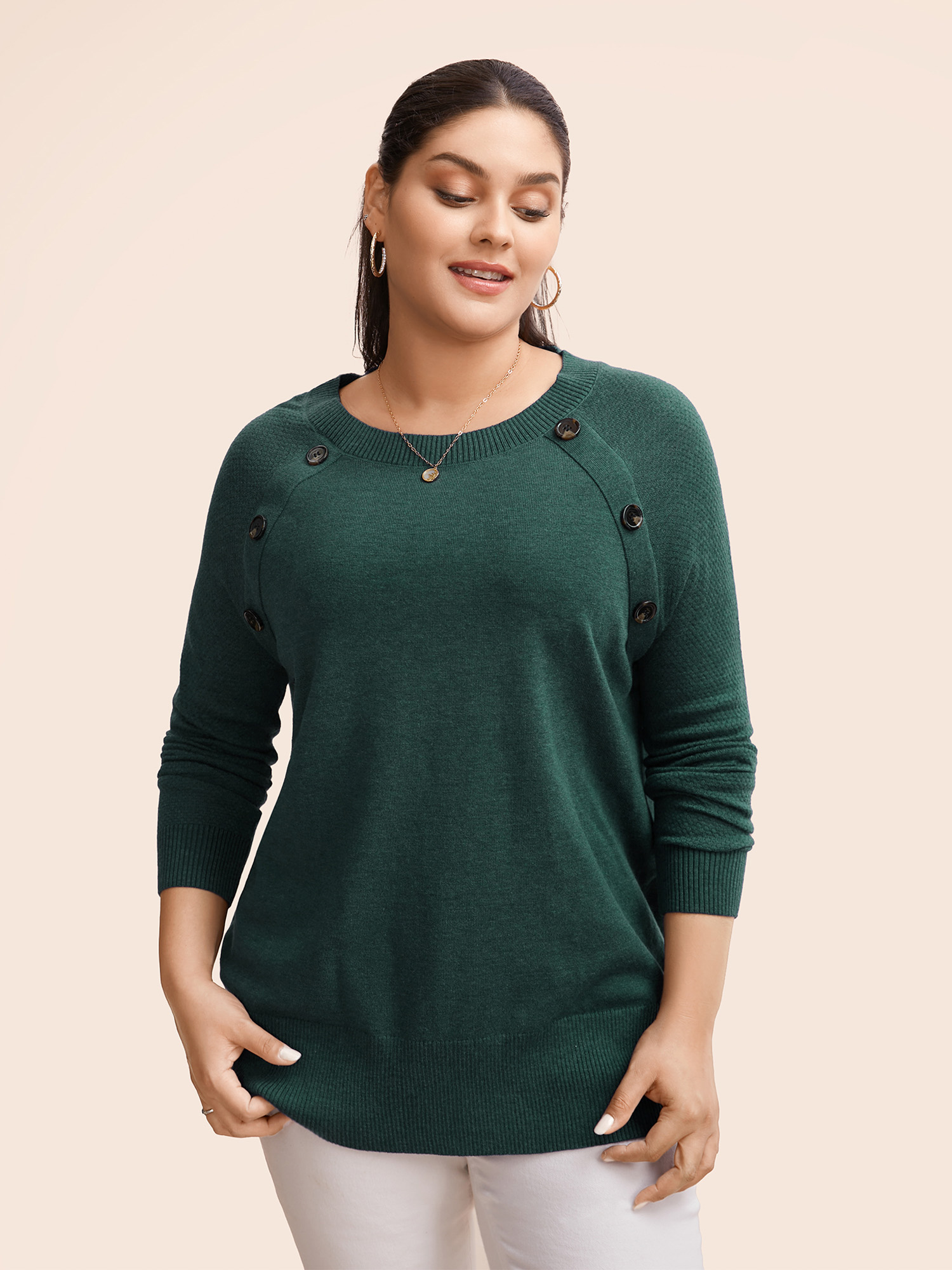 

Plus Size Supersoft Essentials Button Detail Raglan Sleeve Pullover DarkGreen Women Casual Long Sleeve Round Neck Dailywear Pullovers BloomChic