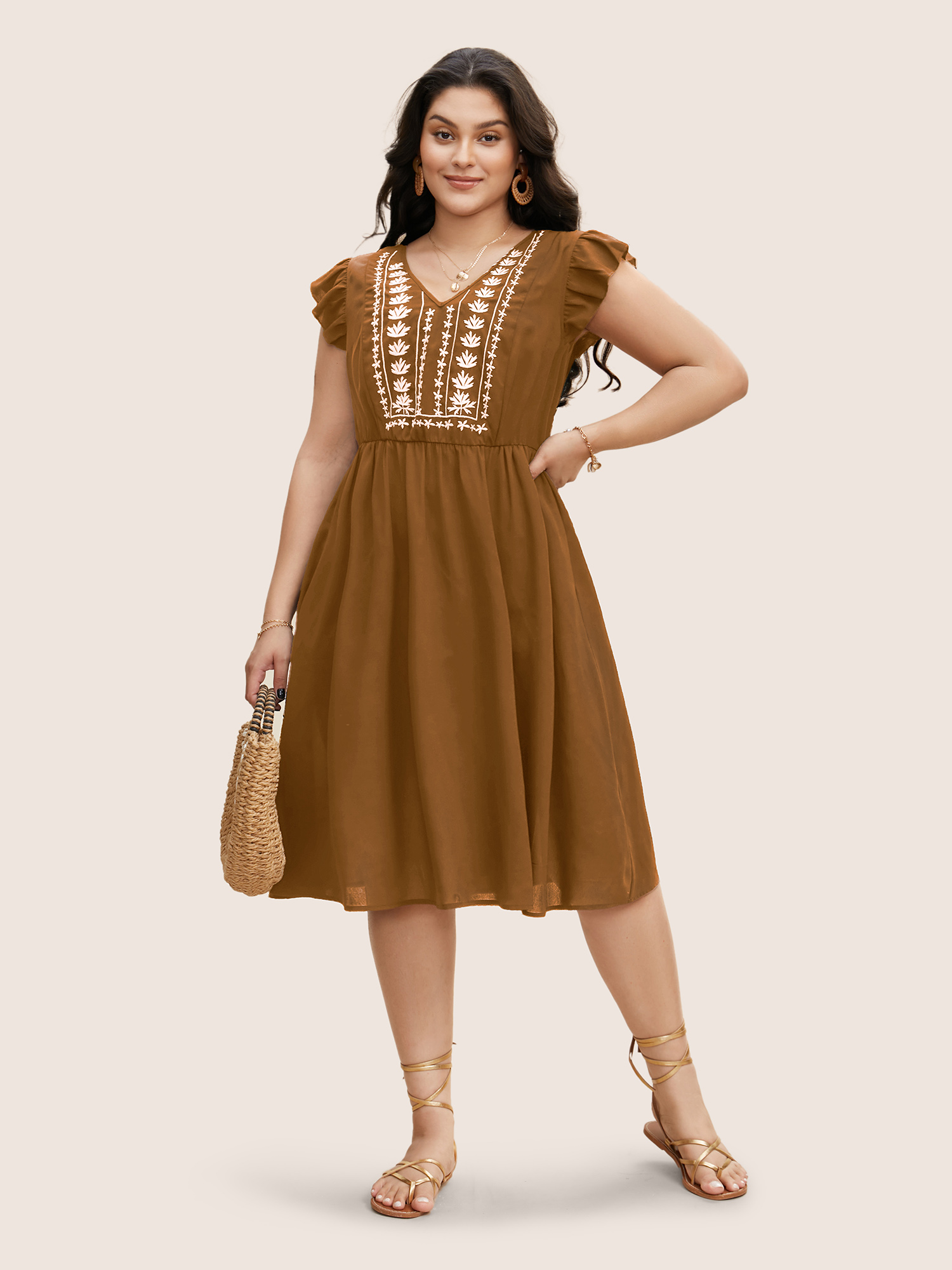 

Plus Size Floral Embroidered V Neck Ruffle Cap Sleeve Dress Yellowishbrown Women Resort Embroidered V-neck Cap Sleeve Curvy BloomChic