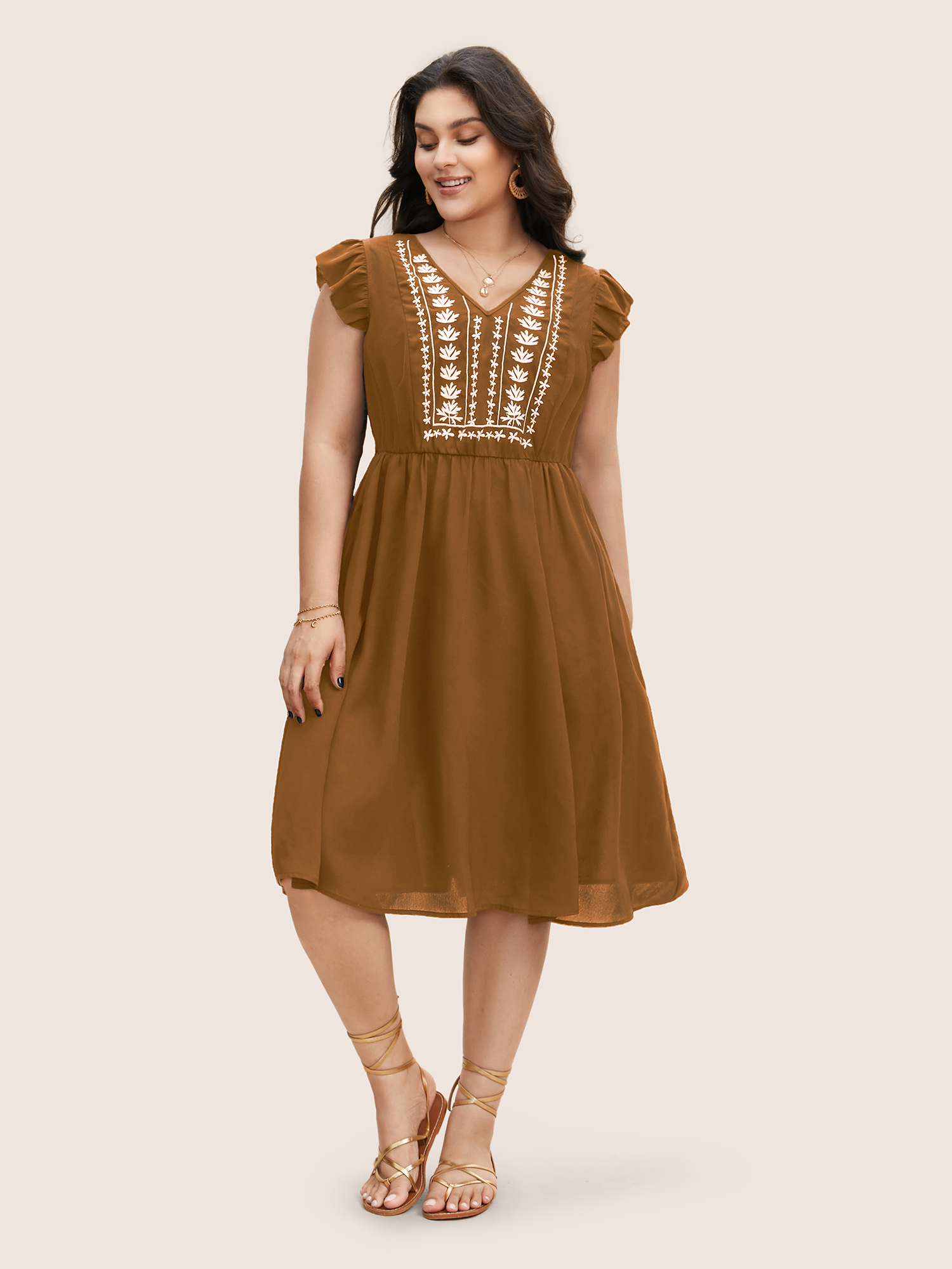 Plus Size Floral Embroidered V Neck Ruffle Cap Sleeve Dress Yellowishbrown Women Resort Embroidered V-neck Cap Sleeve Curvy BloomChic 18-20/2X 