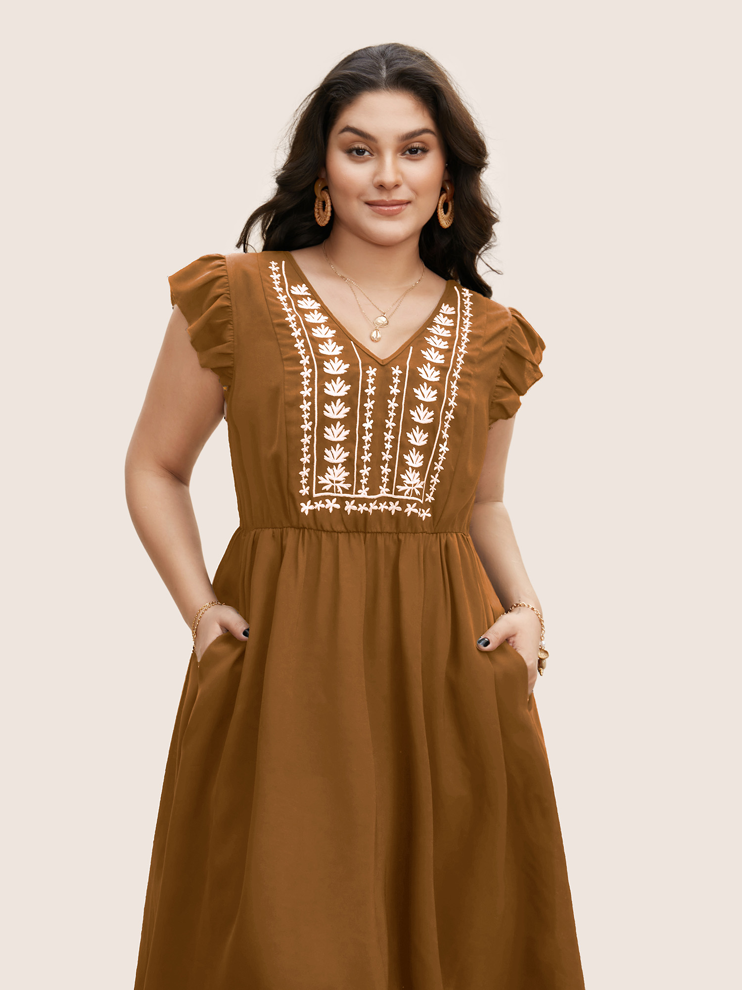 Plus Size Floral Embroidered V Neck Ruffle Cap Sleeve Dress Yellowishbrown Women Resort Embroidered V-neck Cap Sleeve Curvy BloomChic 18-20/2X 