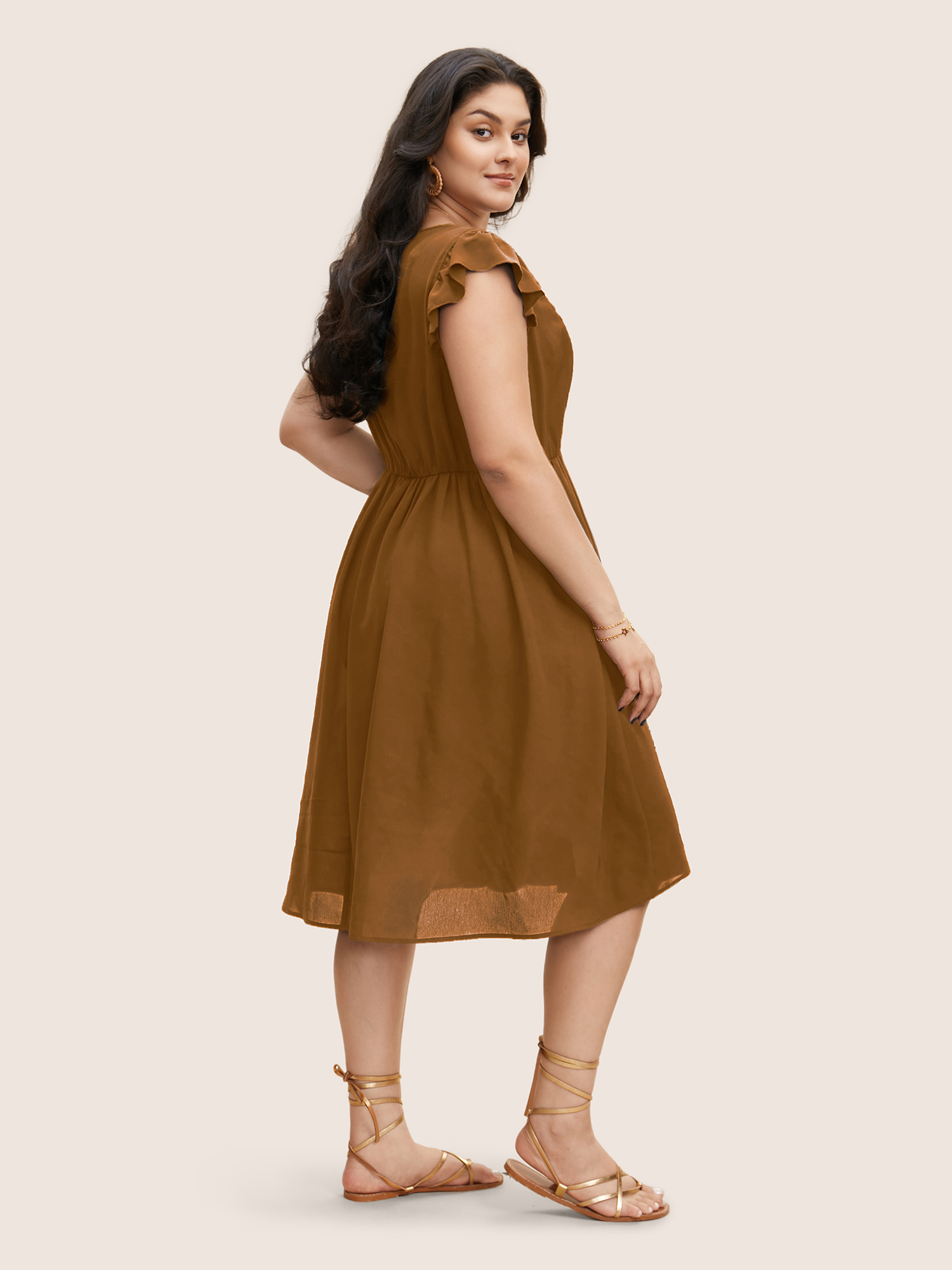 Plus Size Floral Embroidered V Neck Ruffle Cap Sleeve Dress Yellowishbrown Women Resort Embroidered V-neck Cap Sleeve Curvy BloomChic 18-20/2X 