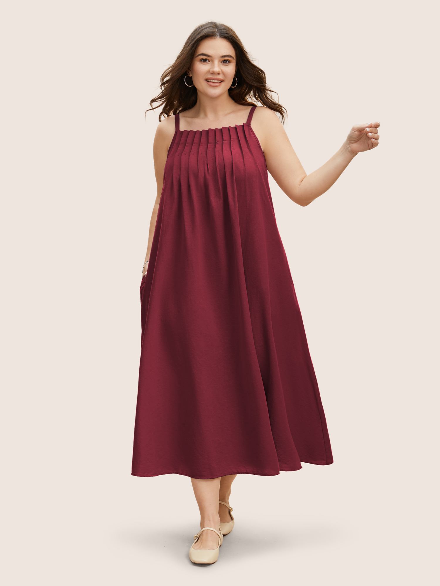 

Plus Size Cotton Plain Pleated Loose Fit Cami Dress RedViolet Women Casual Ruffles Non Sleeveless Curvy BloomChic