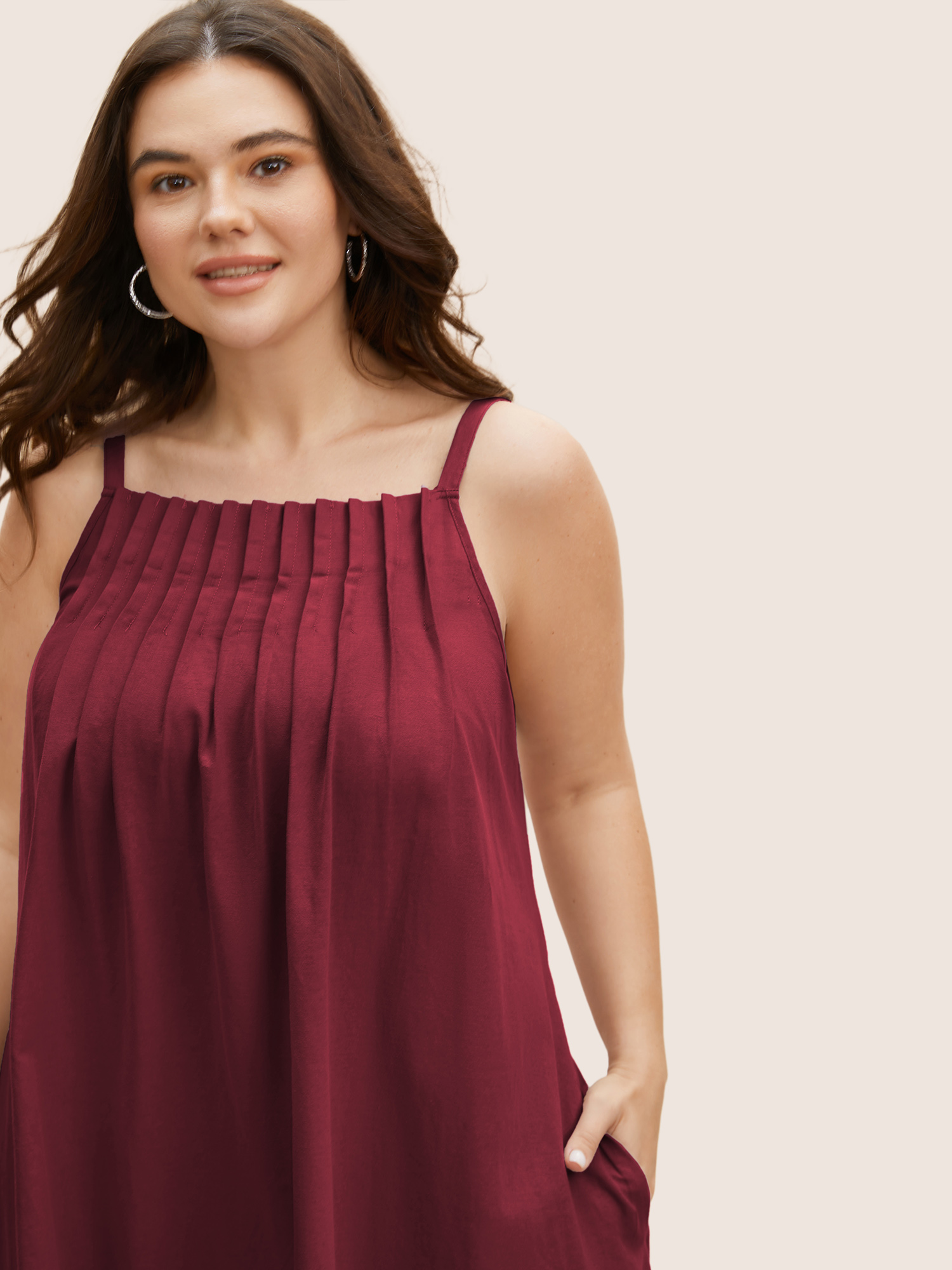 

Plus Size Cotton Plain Pleated Loose Fit Cami Dress RedViolet Women Casual Ruffles Non Sleeveless Curvy BloomChic