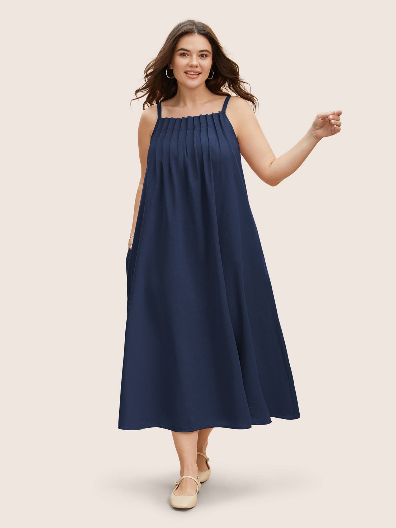 

Plus Size Cotton Plain Pleated Loose Fit Cami Dress Navy Women Casual Ruffles Non Sleeveless Curvy BloomChic