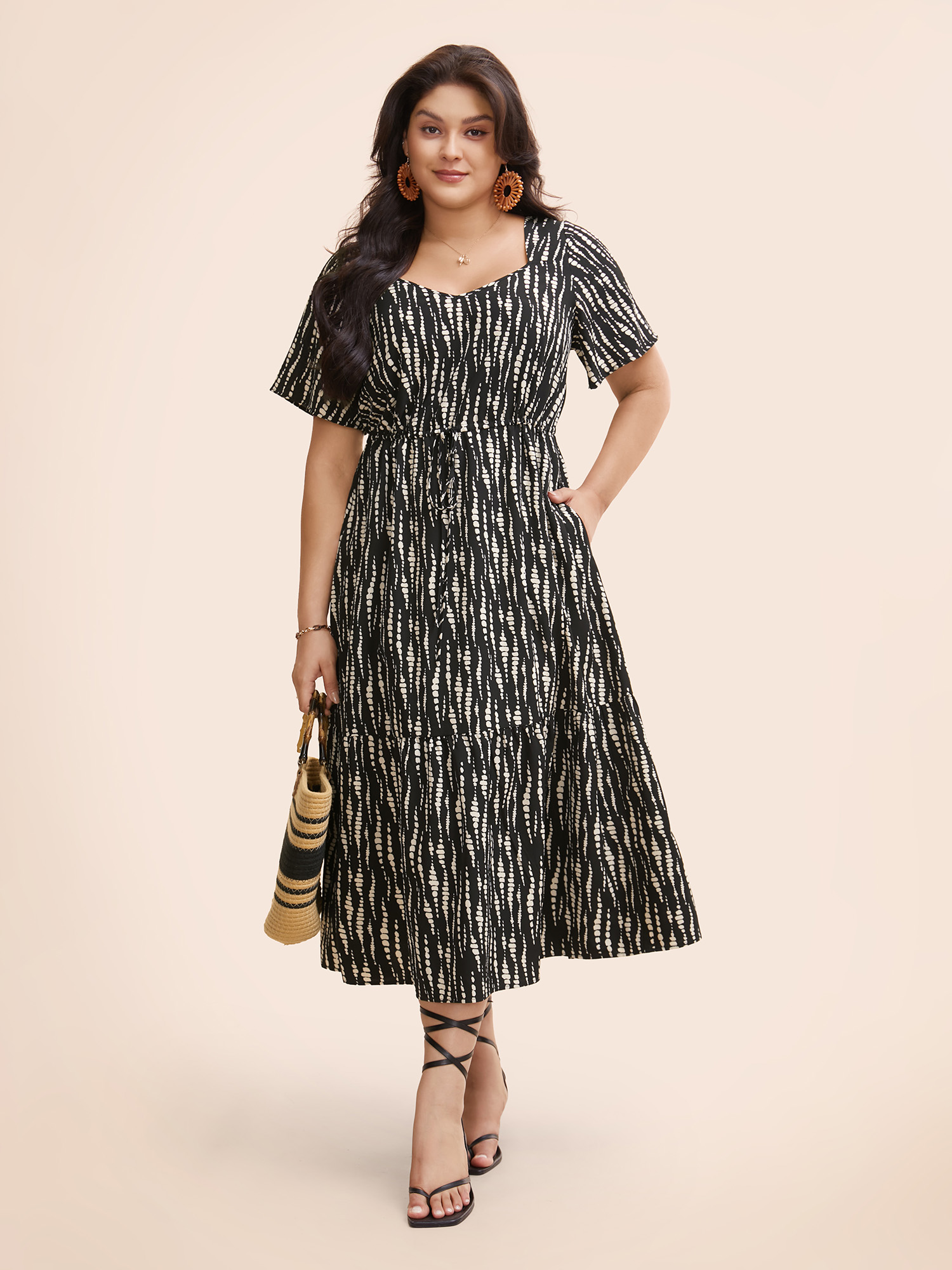 

Plus Size Heart Neckline Polka Dot Drawstring Dress Black Women Elegant Drawstring Heart neckline Short sleeve Curvy BloomChic