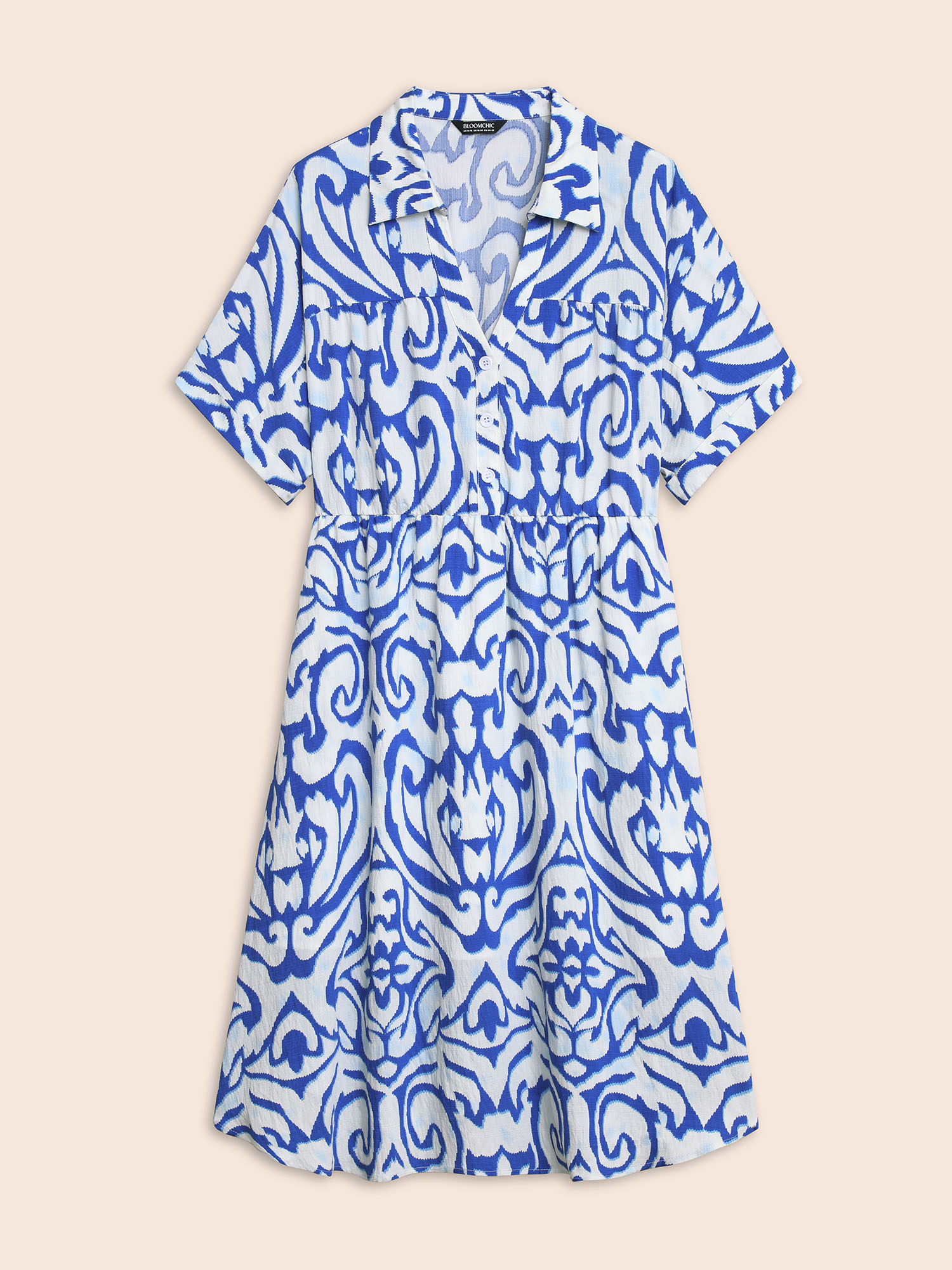 Plus Size Boho Print Button Detail Cuffed Sleeve Dress Beige Women At the Office Gathered Shirt collar Short sleeve Curvy BloomChic 18-20/2X 