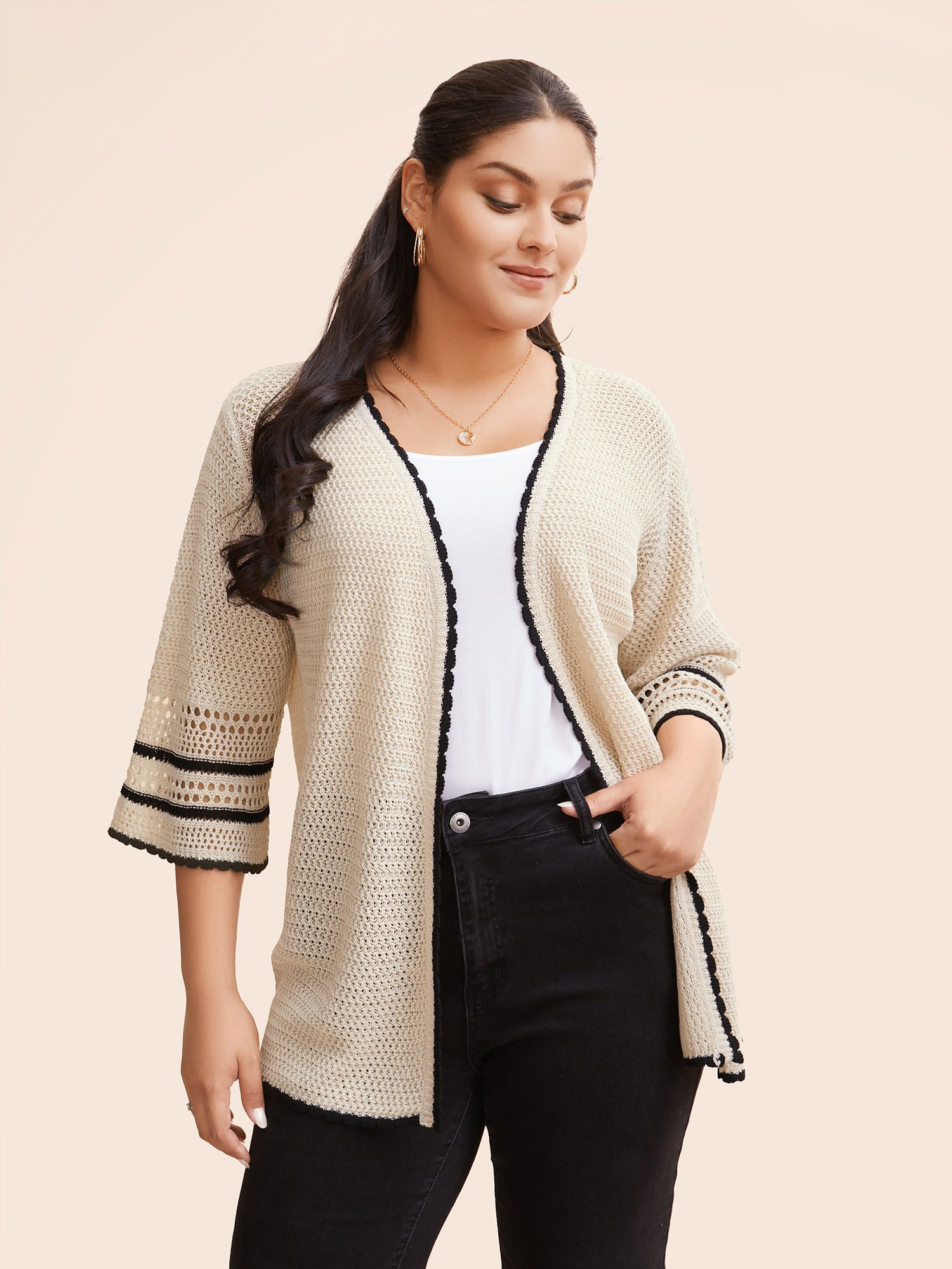 

Plus Size Solid Contrast Trim Bell Sleeve Cardigan Apricot Women Beach Loose Elbow-length sleeve Vacation Cardigans BloomChic