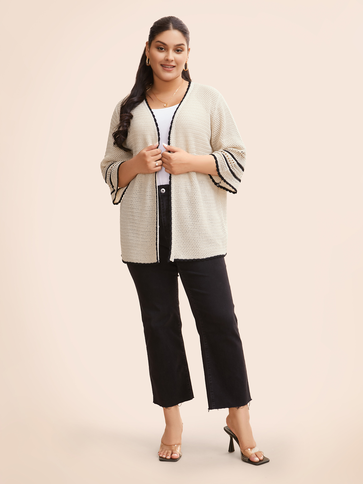 

Plus Size Solid Contrast Trim Bell Sleeve Cardigan Apricot Women Beach Loose Elbow-length sleeve Vacation Cardigans BloomChic