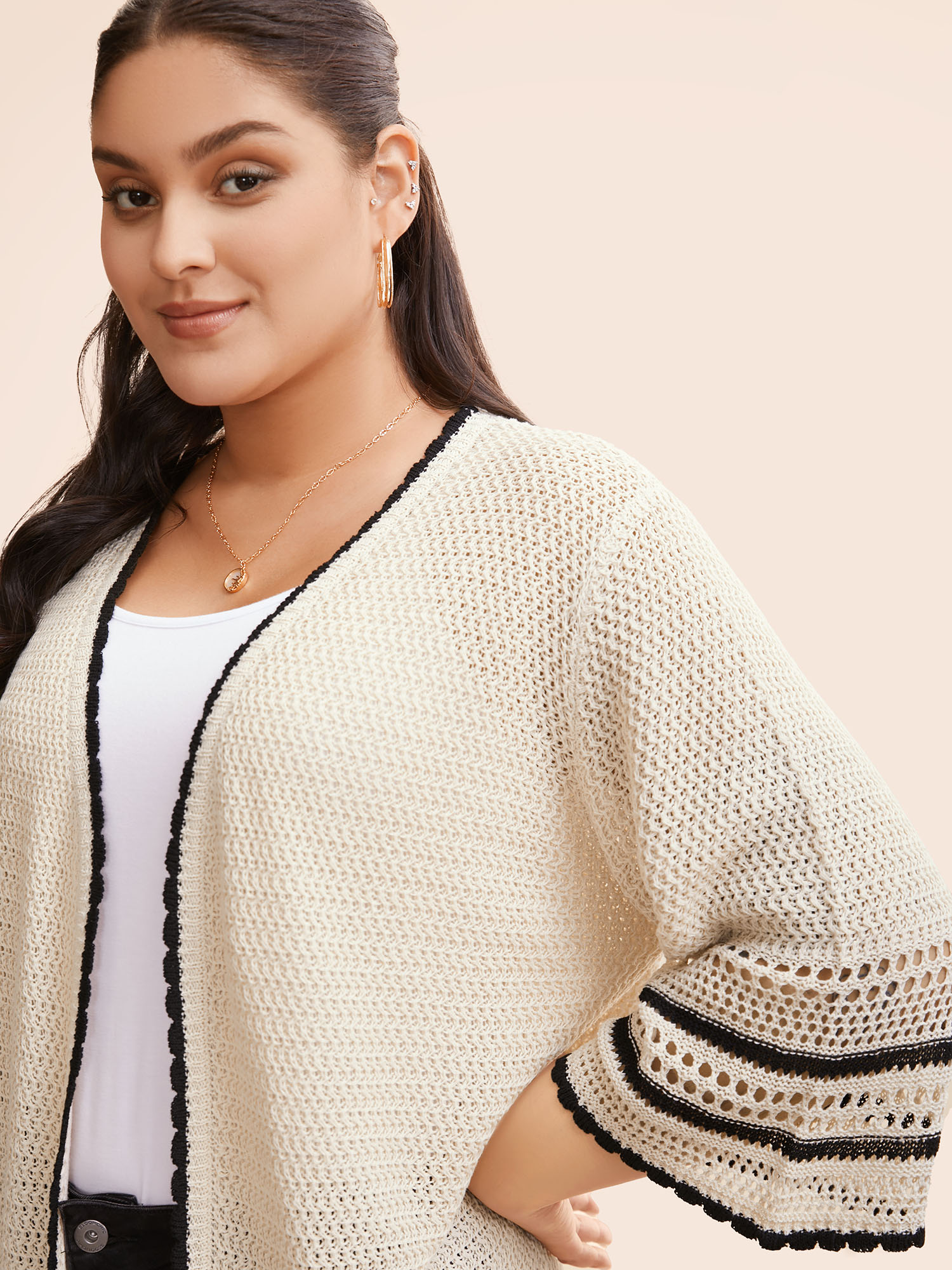 Plus Size Solid Contrast Trim Bell Sleeve Cardigan Apricot Women Beach Loose Elbow-length sleeve Vacation Cardigans BloomChic 22-24/3X 