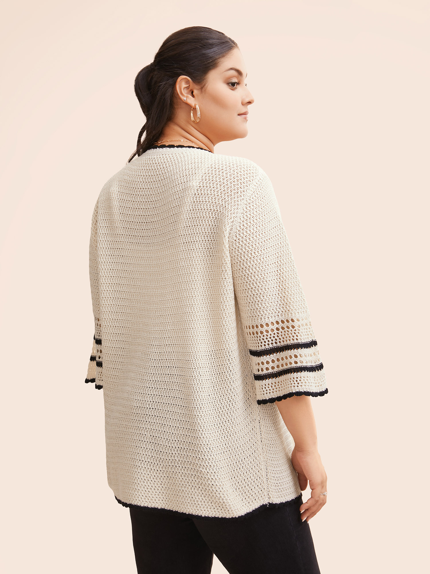 Plus Size Solid Contrast Trim Bell Sleeve Cardigan Apricot Women Beach Loose Elbow-length sleeve Vacation Cardigans BloomChic 22-24/3X 