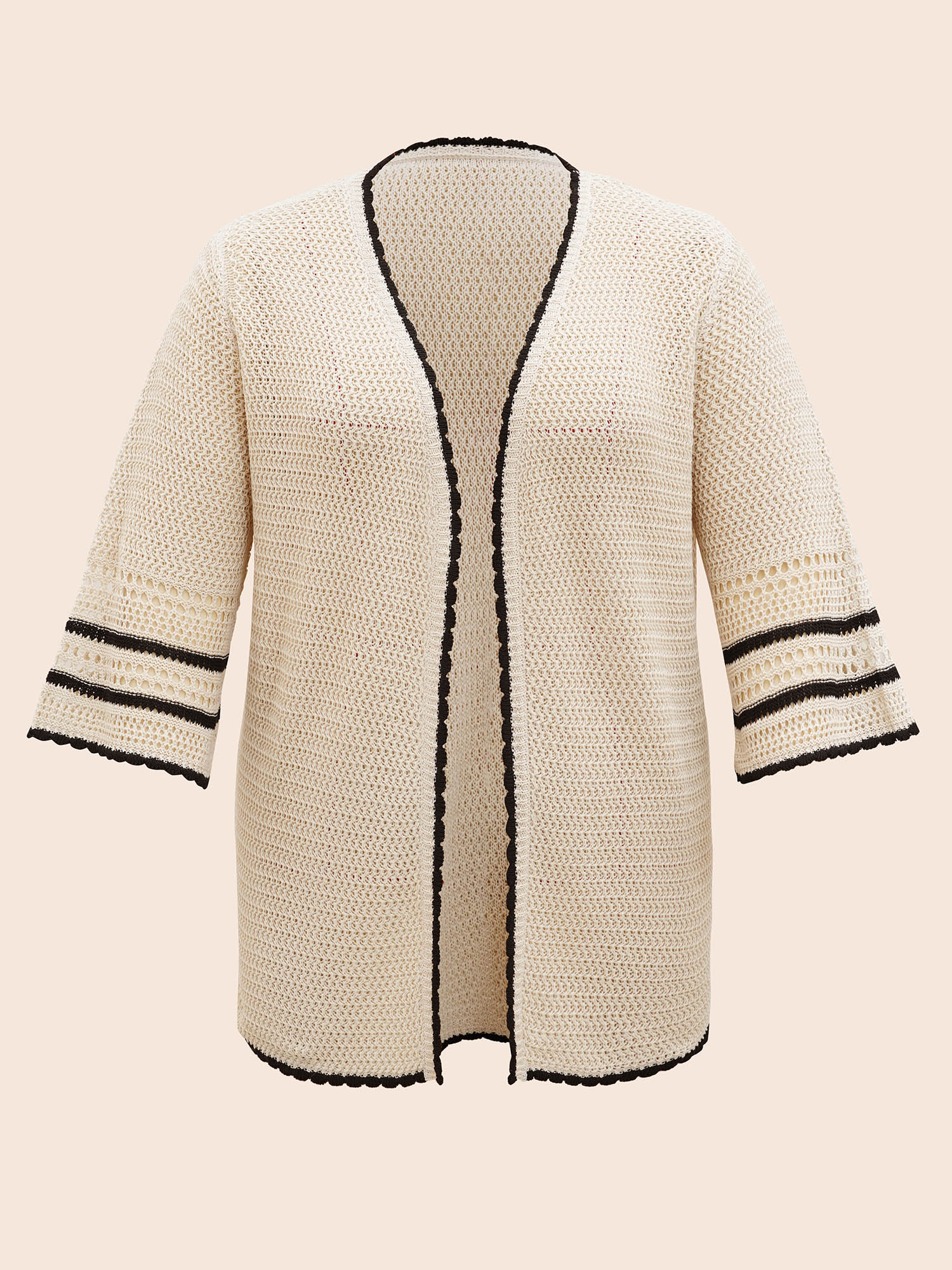 Plus Size Solid Contrast Trim Bell Sleeve Cardigan Apricot Women Beach Loose Elbow-length sleeve Vacation Cardigans BloomChic 22-24/3X 