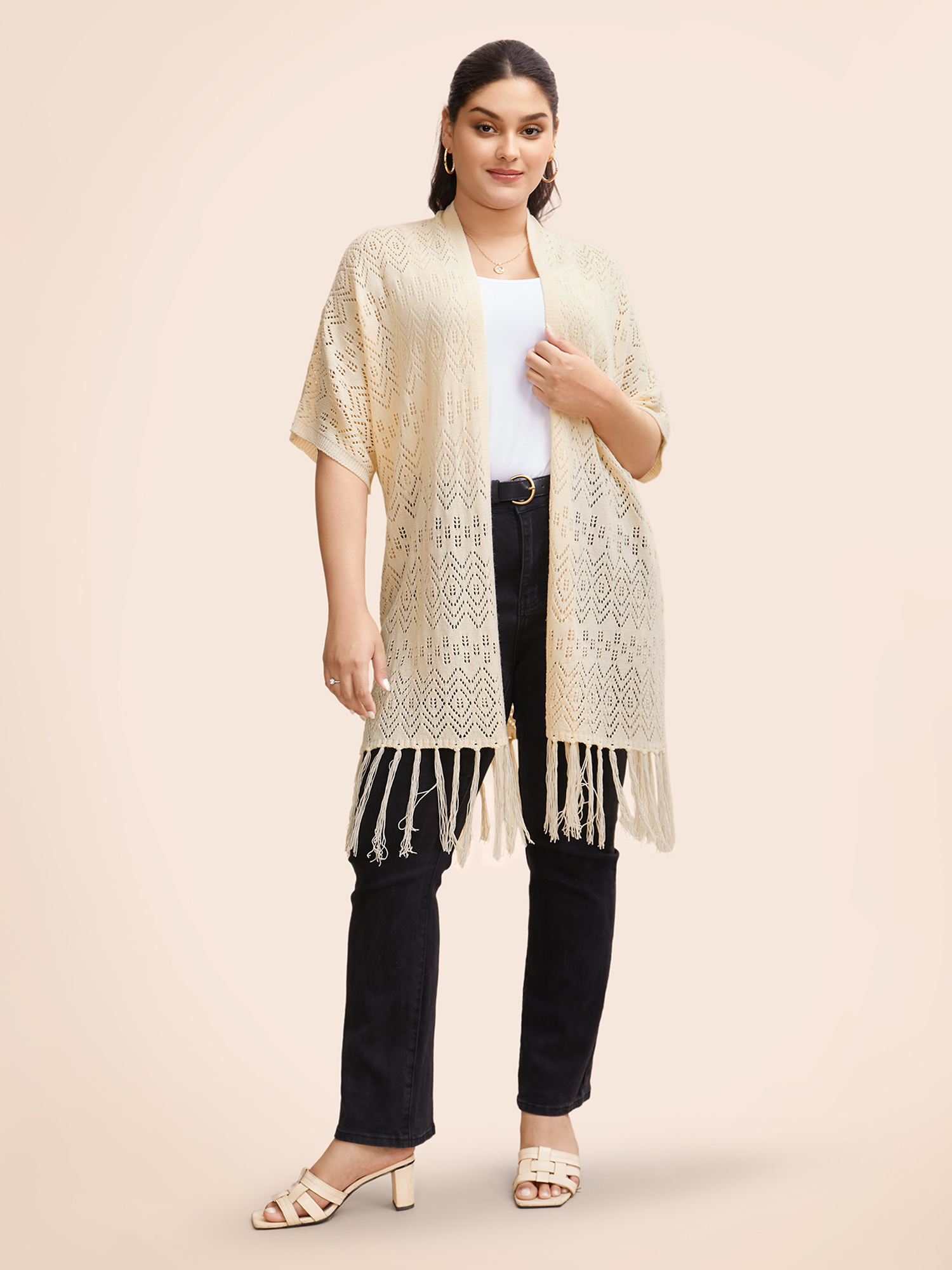 Plus Size Kimono Collar Cut Out Tassel Trim Cardigan Apricot Women Beach Loose Half Sleeve Vacation Cardigans BloomChic 30/6X 