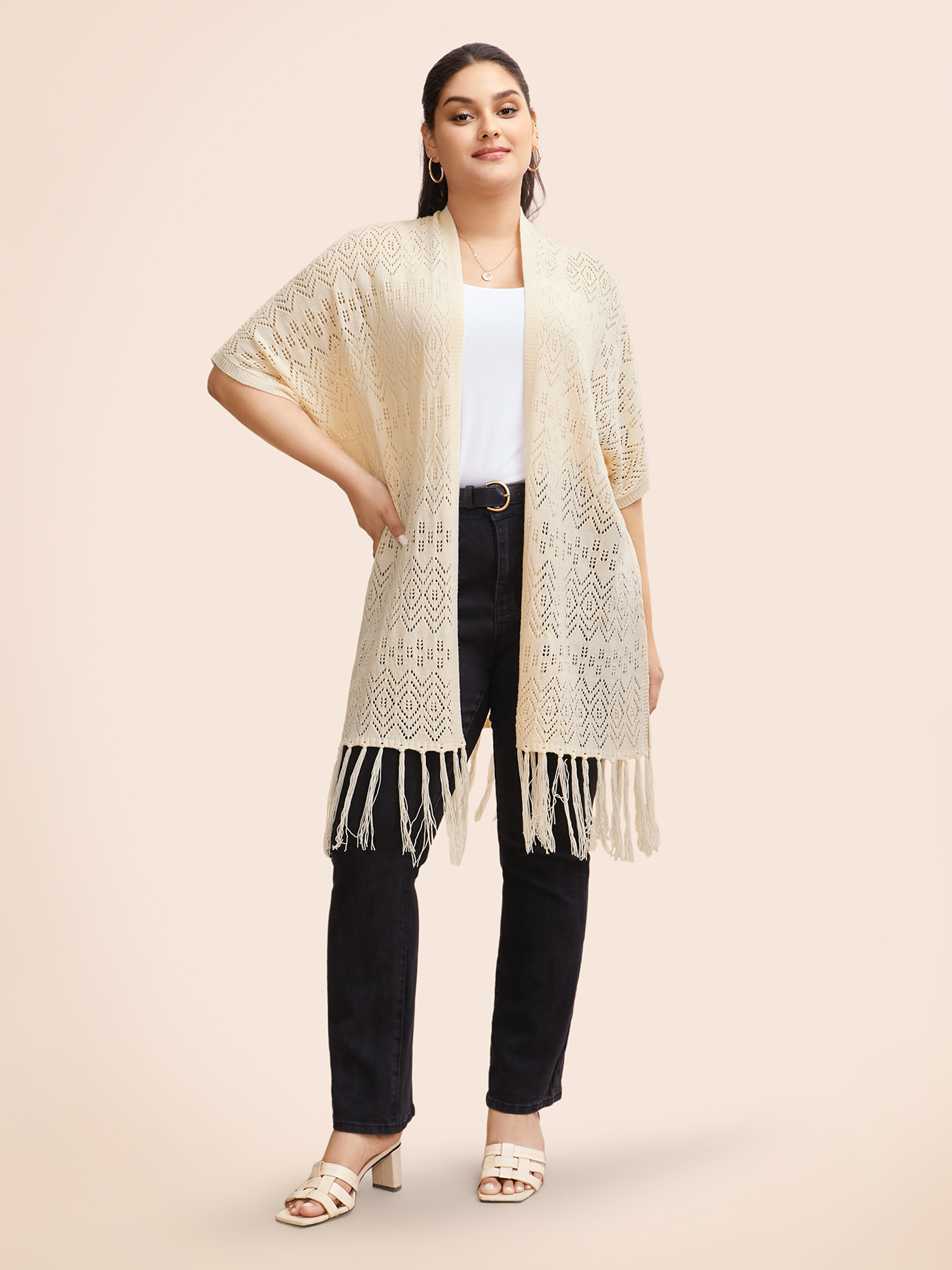 Plus Size Kimono Collar Cut Out Tassel Trim Cardigan Apricot Women Beach Loose Half Sleeve Vacation Cardigans BloomChic 30/6X 