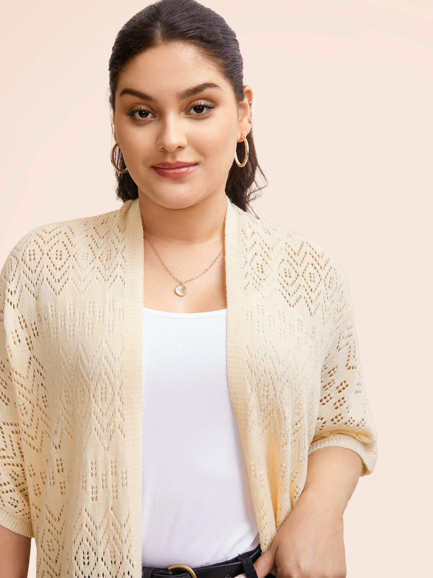 Plus Size Kimono Collar Cut Out Tassel Trim Cardigan Apricot Women Beach Loose Half Sleeve Vacation Cardigans BloomChic 30/6X 