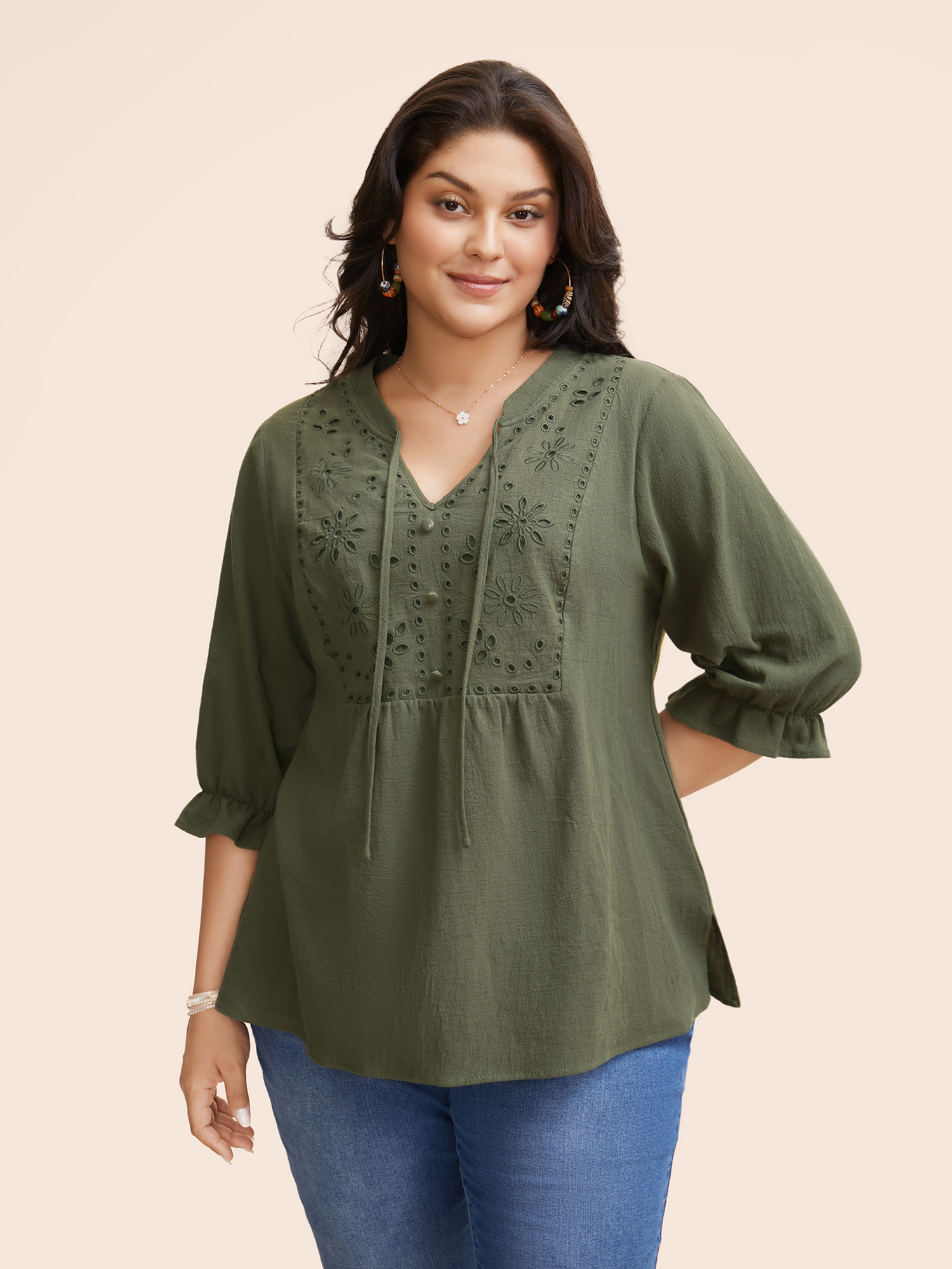 

Plus Size ArmyGreen Broderie Anglaise Tie Knot Lantern Sleeve Blouse Women Resort Elbow-length sleeve Notched collar Vacation Blouses BloomChic
