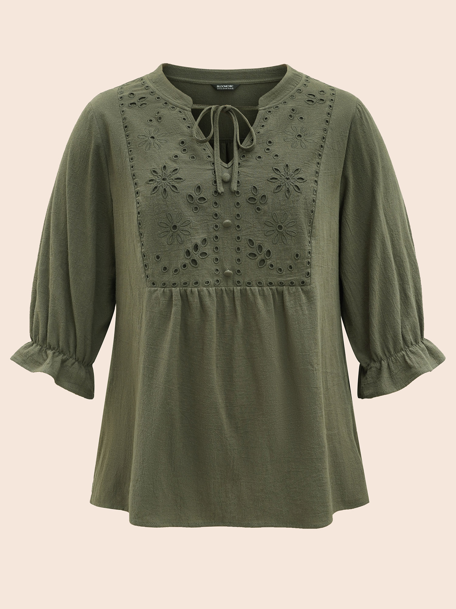 

Plus Size ArmyGreen Broderie Anglaise Tie Knot Lantern Sleeve Blouse Women Resort Elbow-length sleeve Notched collar Vacation Blouses BloomChic