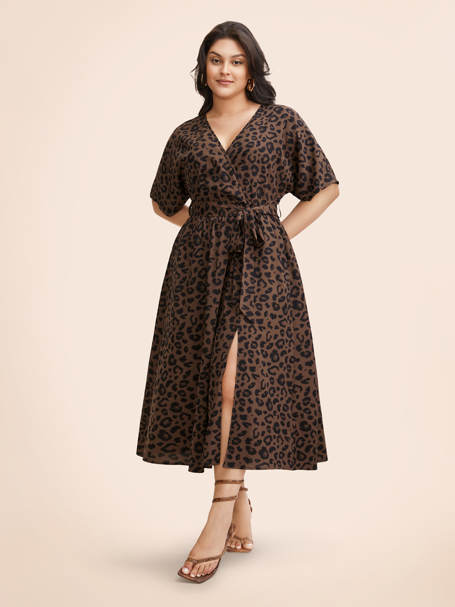 

Plus Size Leopard Print Split Front Dolman Sleeve Dress Browncoffeecolor Women Elegant Belted Overlap Collar Half Sleeve Curvy BloomChic
