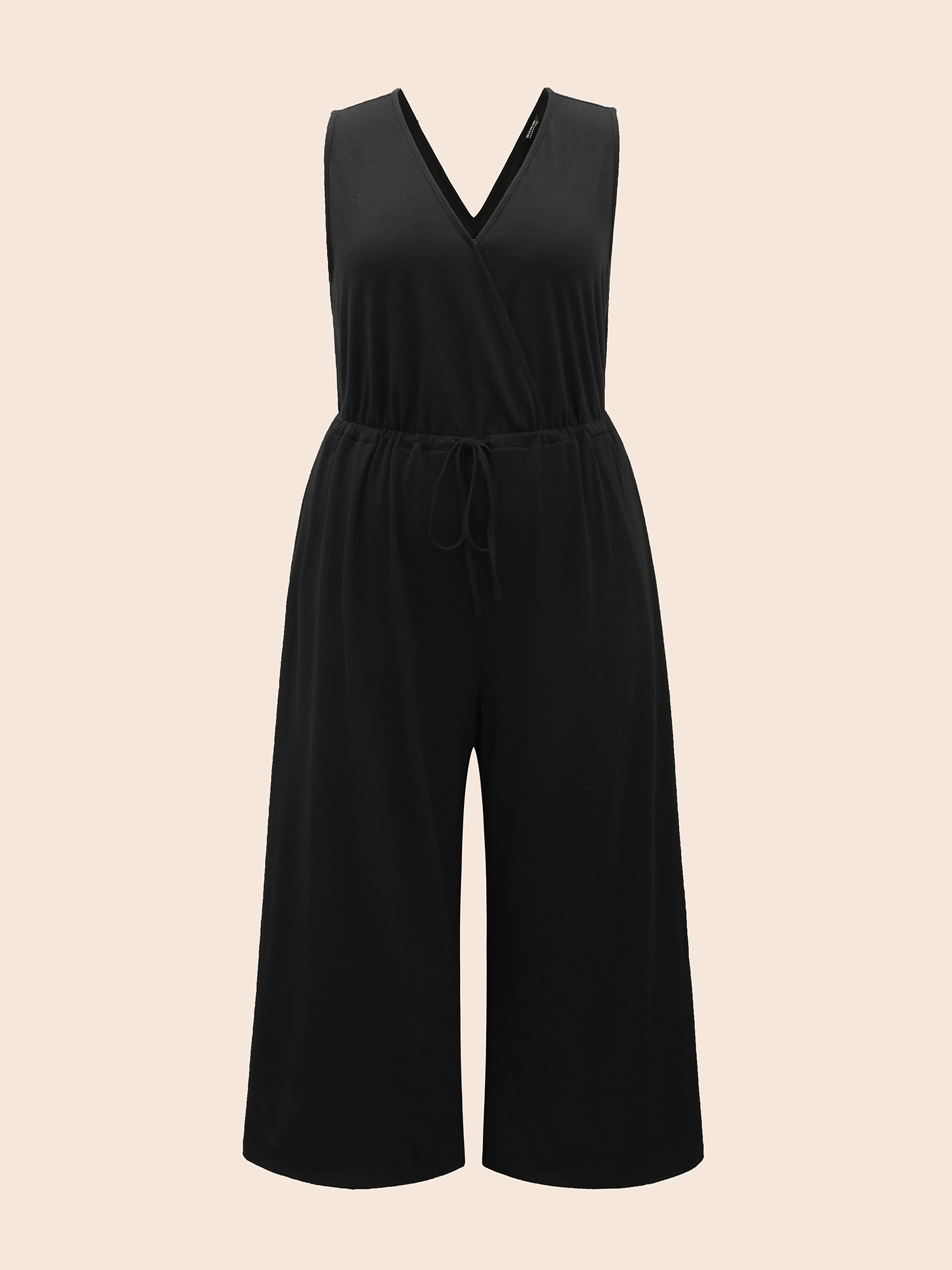 Plus Size Black Solid Overlap Collar Drawstring Jumpsuit Women Elegant Sleeveless Overlap Collar Everyday Loose Jumpsuits BloomChic 30/6X 