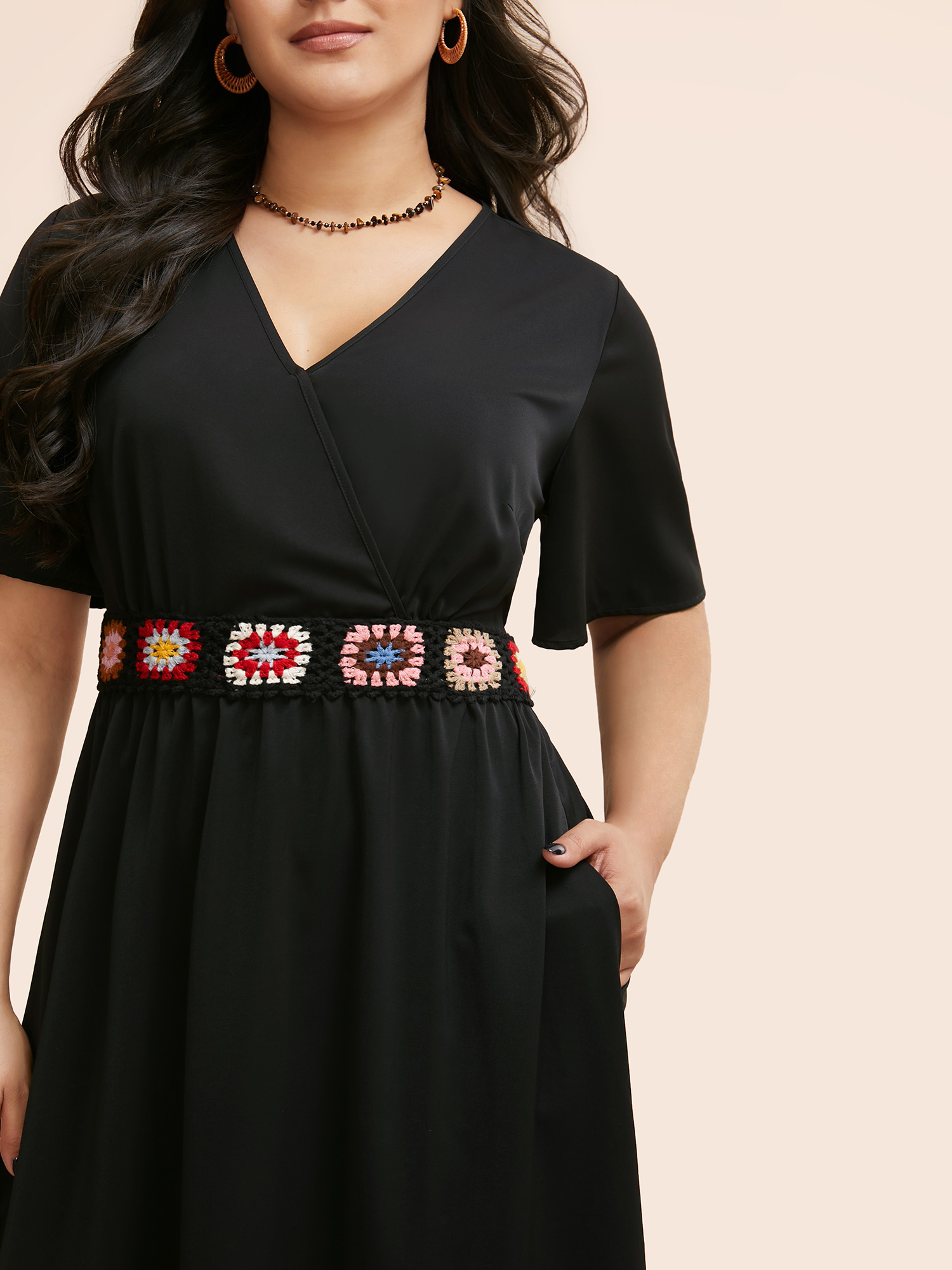 

Plus Size Crochet Floral Overlap Collar Shirred Dress Black Women Elegant Woven ribbon&lace trim Overlap Collar Short sleeve Curvy BloomChic